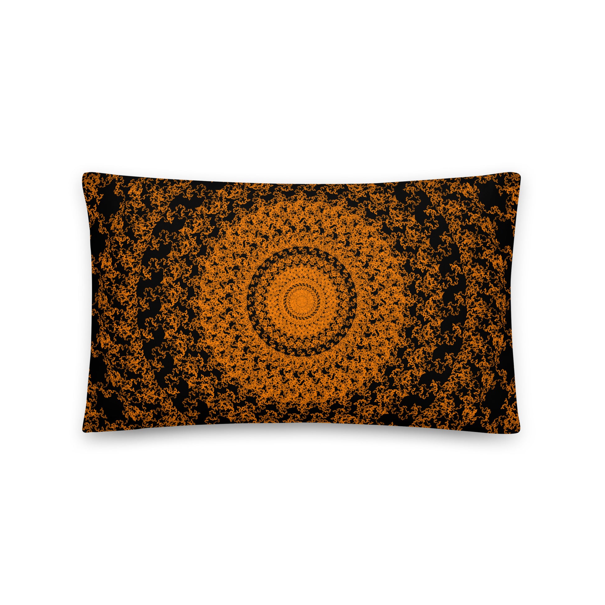 Back of the 20″×12″ throw pillow with the 'The Sun' orange and black geometric design.