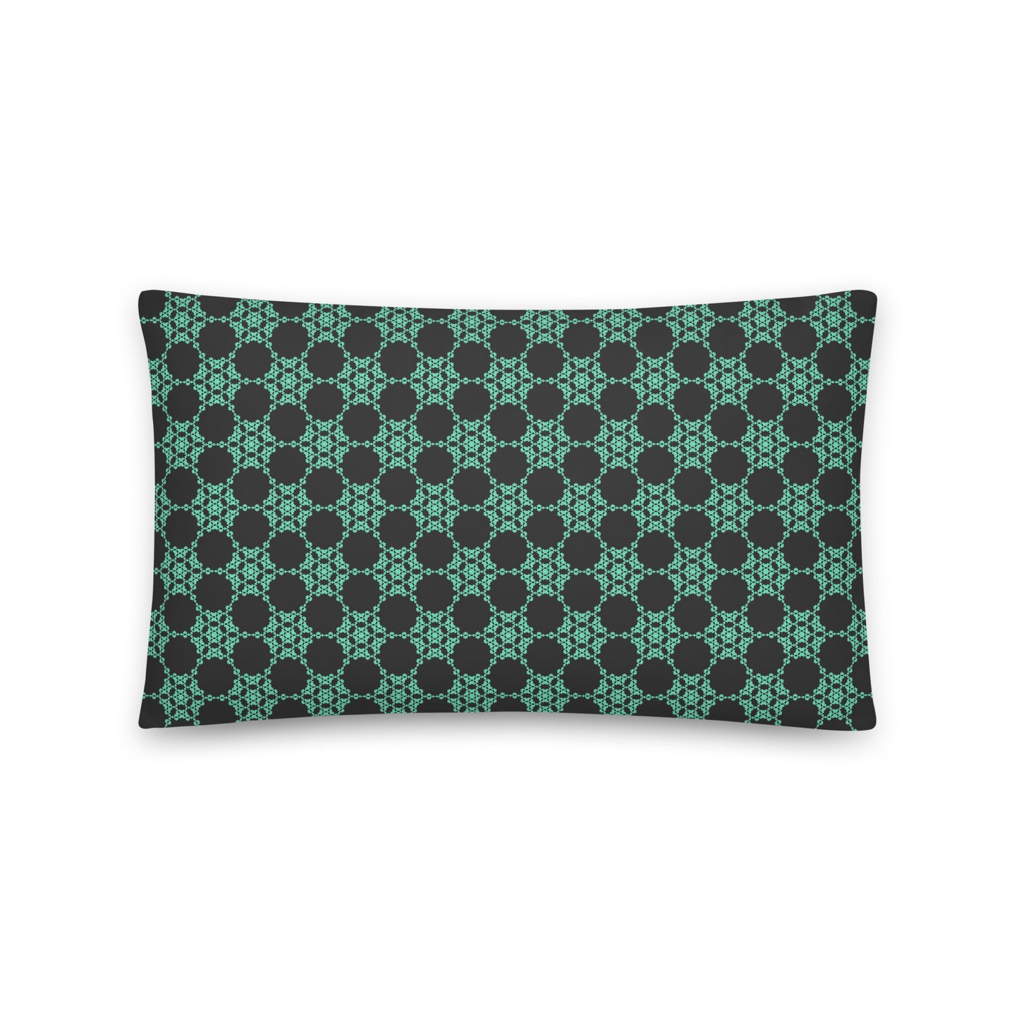 Back of the 20″×12″ throw pillow with the 'Flowers Victory' charcoal and mint geometric pattern.