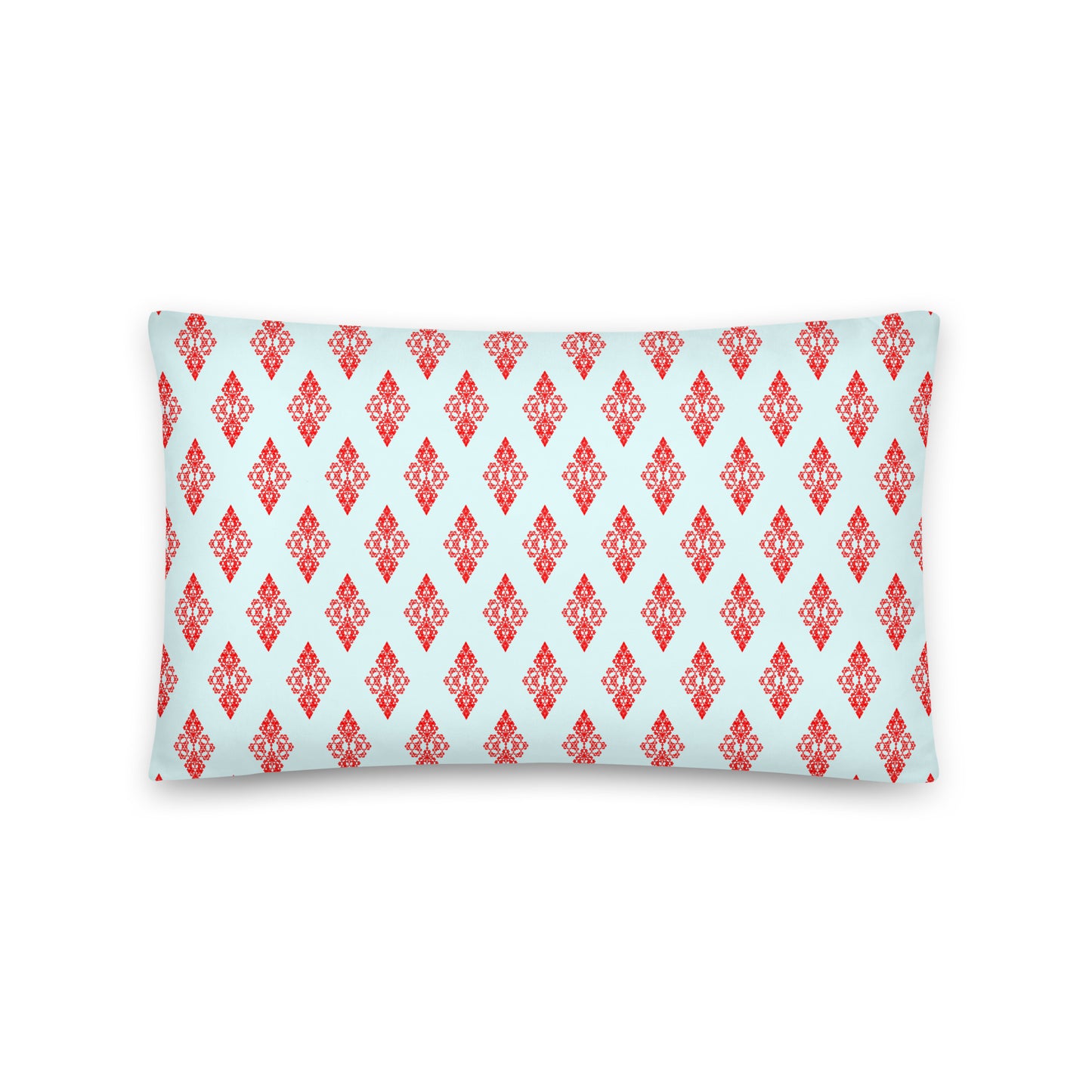 Back of the 20″×12″ throw pillow with the 'Digon' sky blue and red geometric pattern.