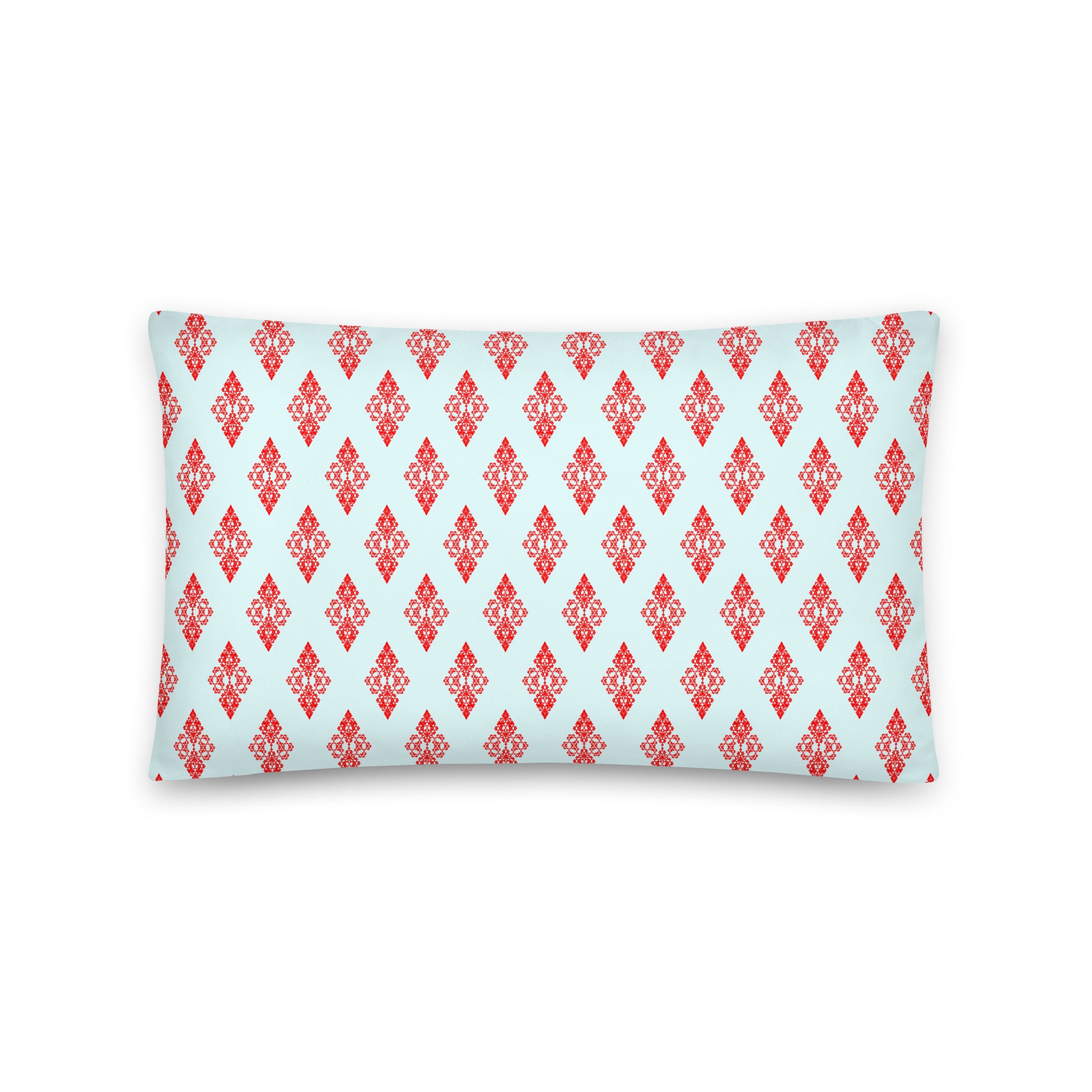 Back of the 20″×12″ throw pillow with the 'Digon' sky blue and red geometric pattern.