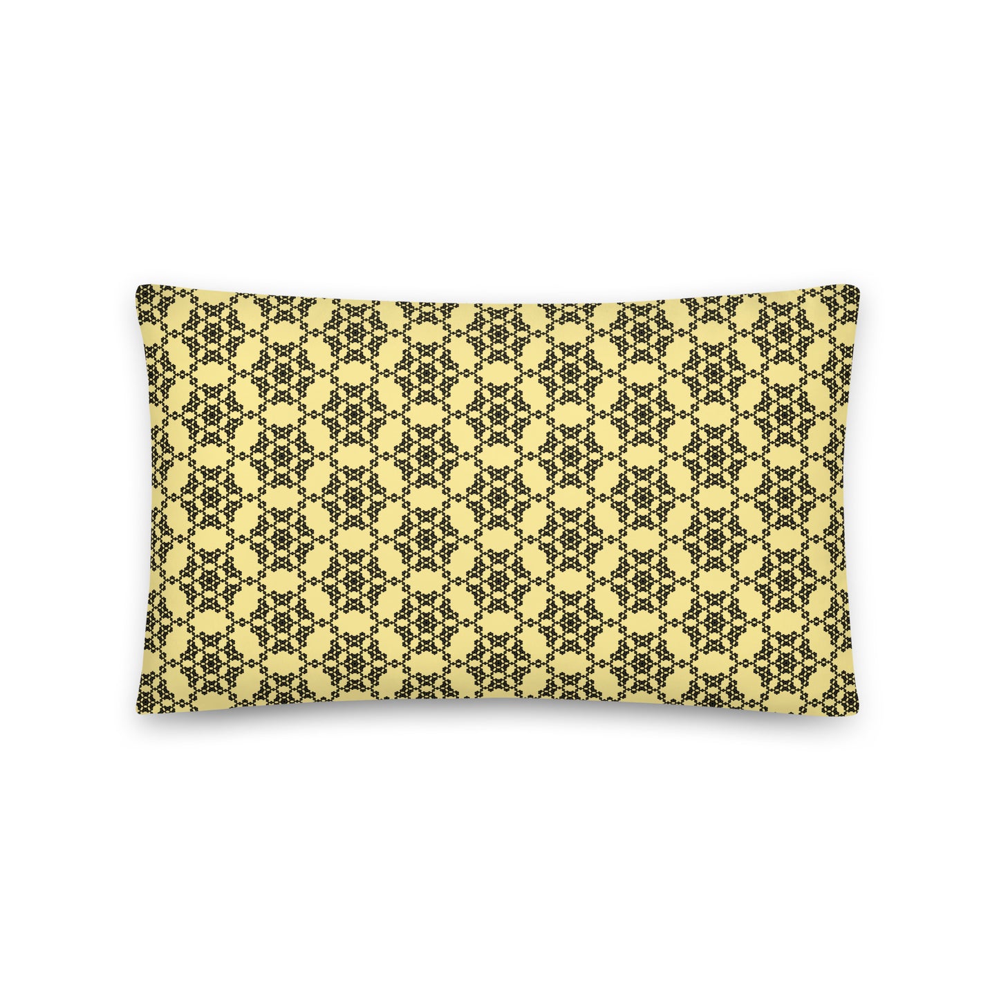 Back of the 20″×12″ throw pillow with the 'Hexagon' yellow and black geometric pattern.