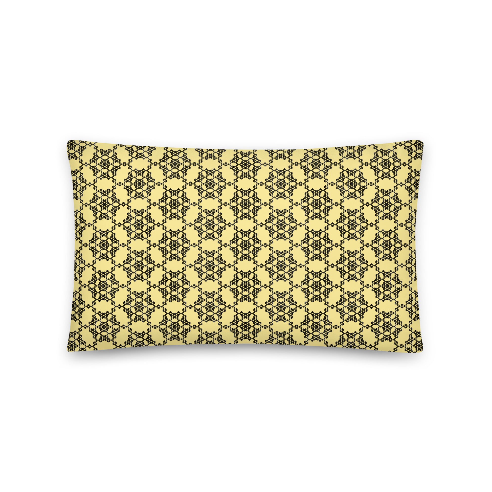 Back of the 20″×12″ throw pillow with the 'Hexagon' yellow and black geometric pattern.