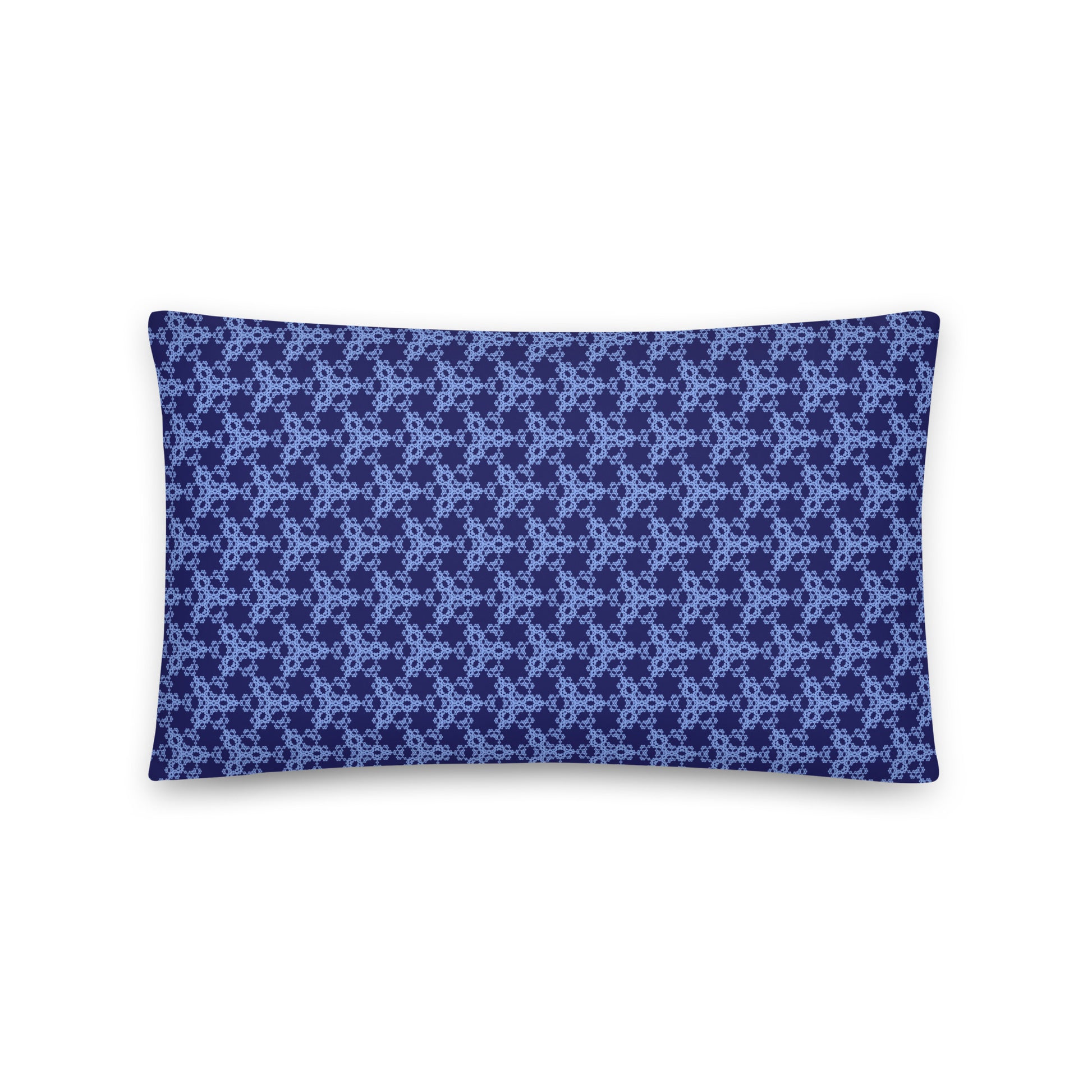Back of the 20″×12″ throw pillow with the 'Trigon' navy and blue geometric pattern.