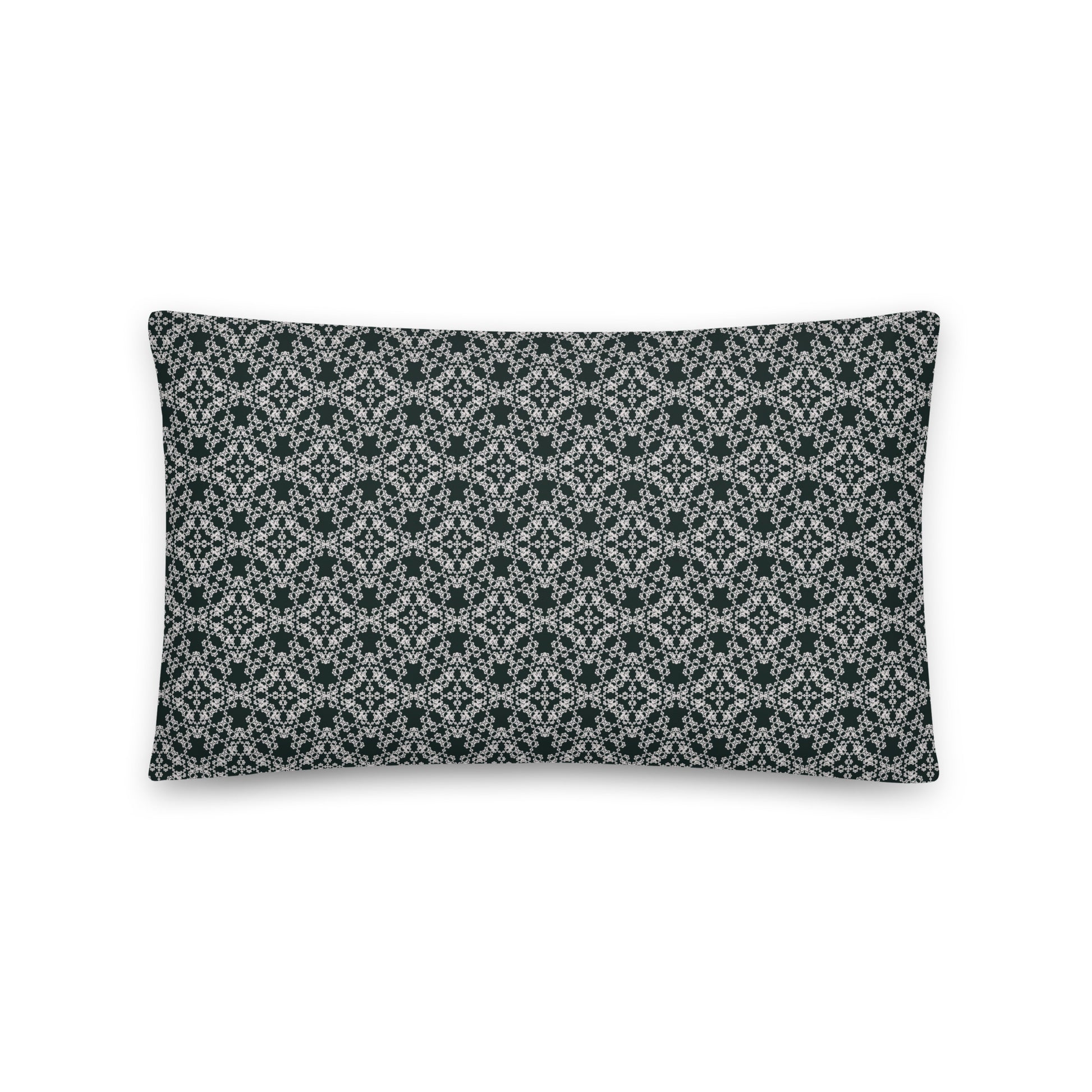 Back of the 18″×18″ throw pillow with the 'Tetragon' charcoal and white geometric pattern.