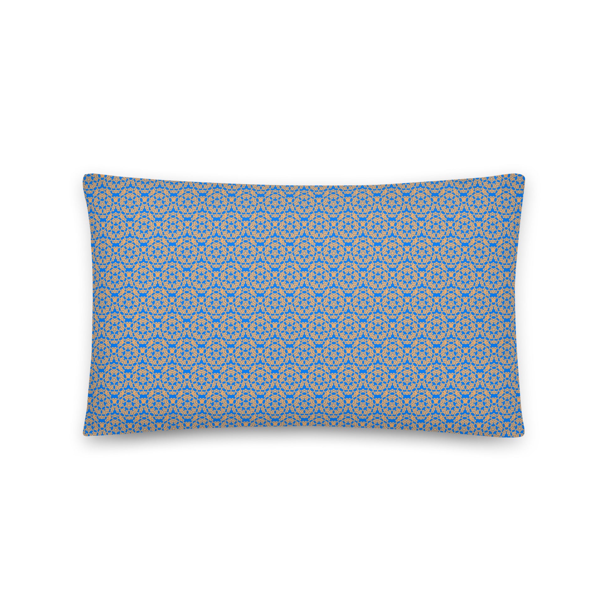 Back of the 20″×12″ throw pillow with the 'Pentagon' blue and yellow geometric pattern.