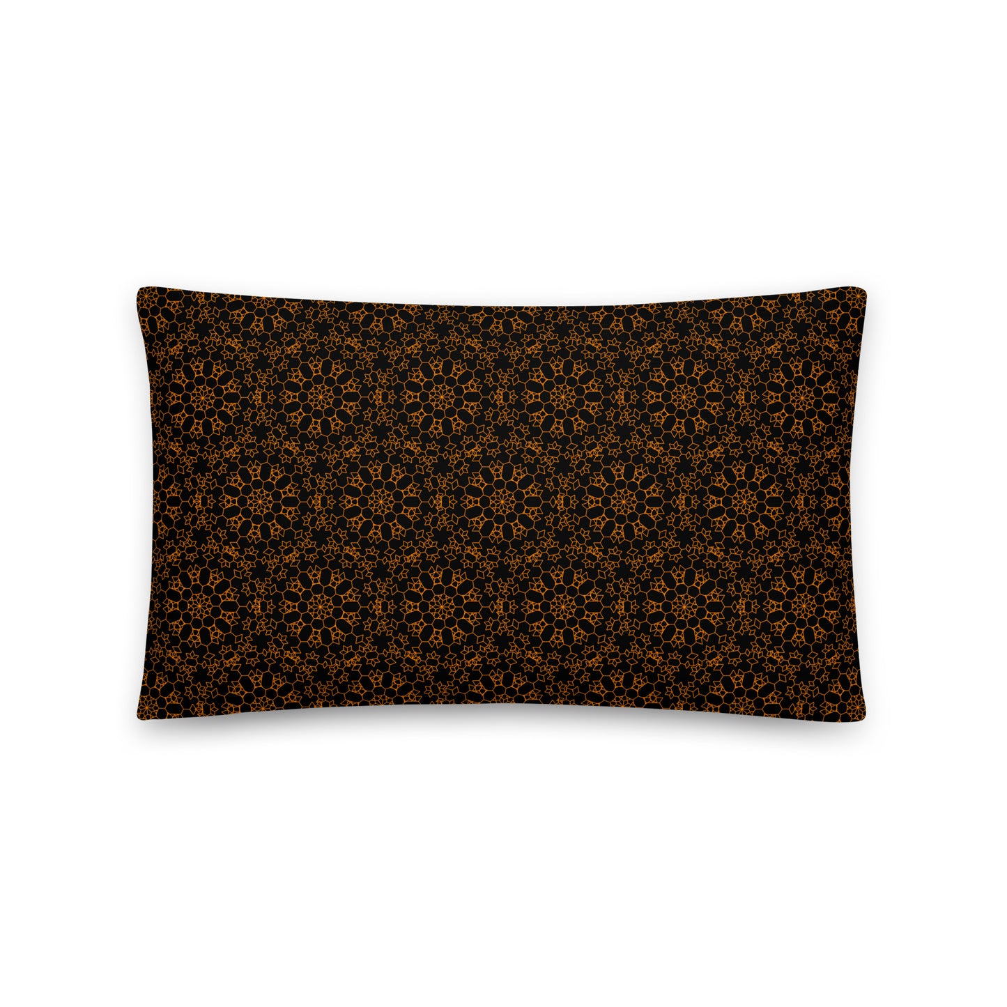 Back of the 20″×12″ throw pillow with the 'Enneagon' black & gold geometric pattern.