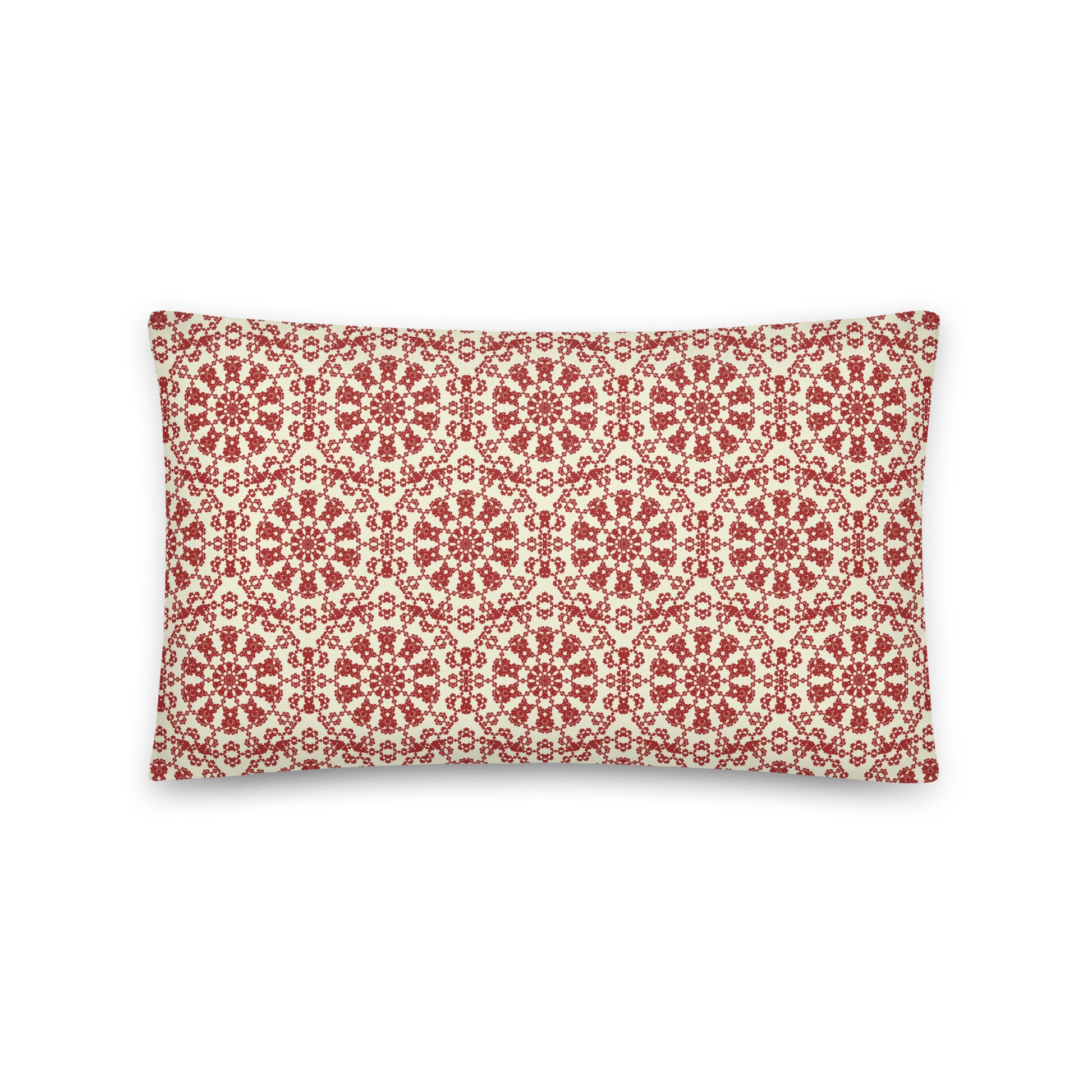 Back of the 20″×12″ throw pillow with the ‘Decagon’ terracotta and beige geometric pattern.