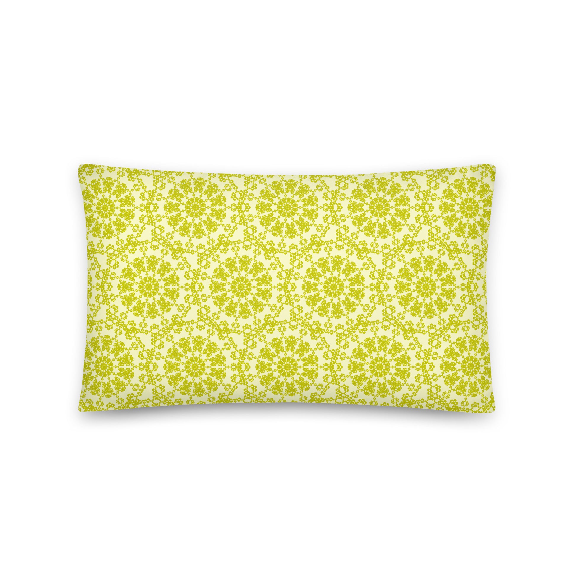 Back of the 20″×12″ throw pillow with the 'Hendecagon' yellow-green geometric pattern