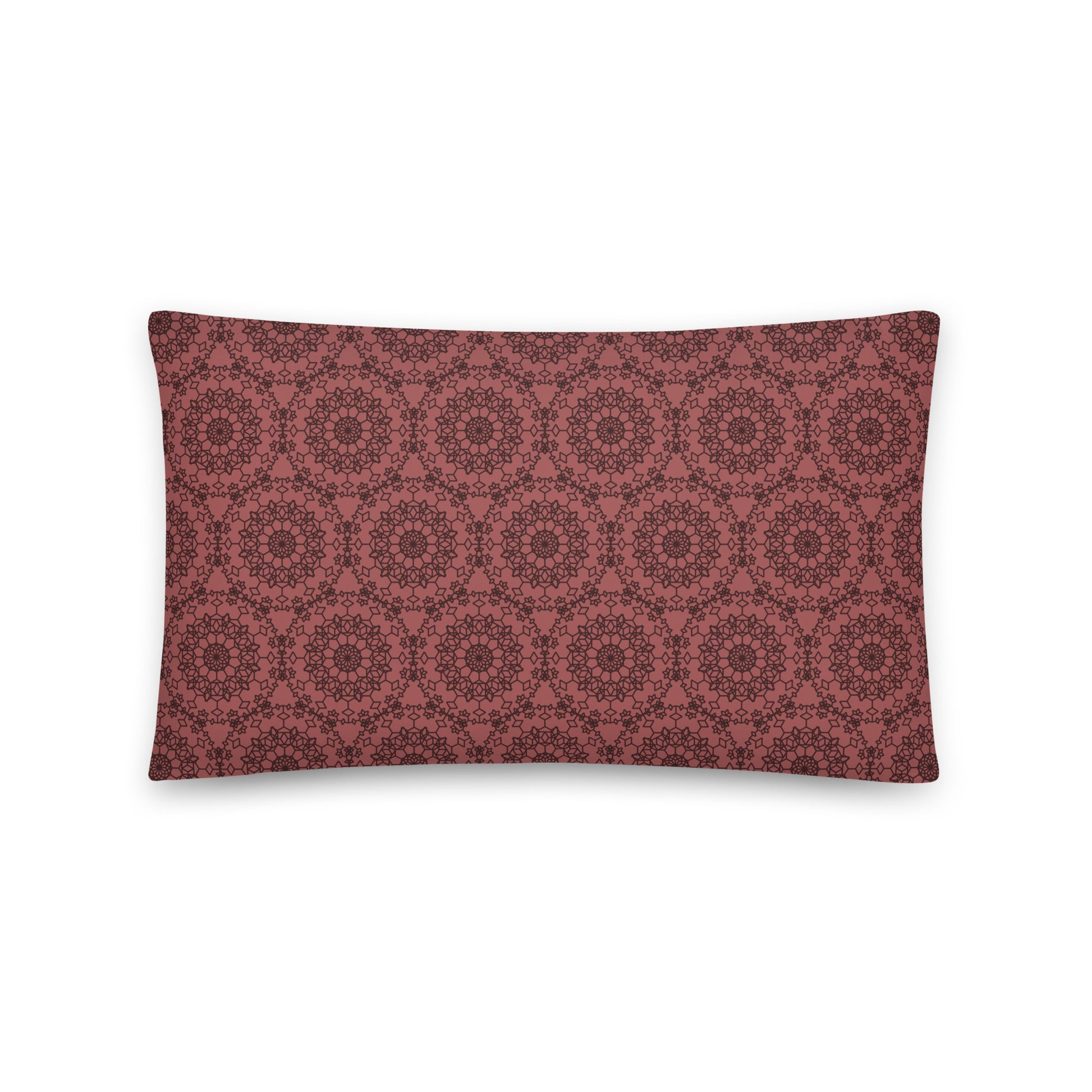 Back of the 20″×12″ throw pillow with the 'Dodecagon' rose geometric pattern.