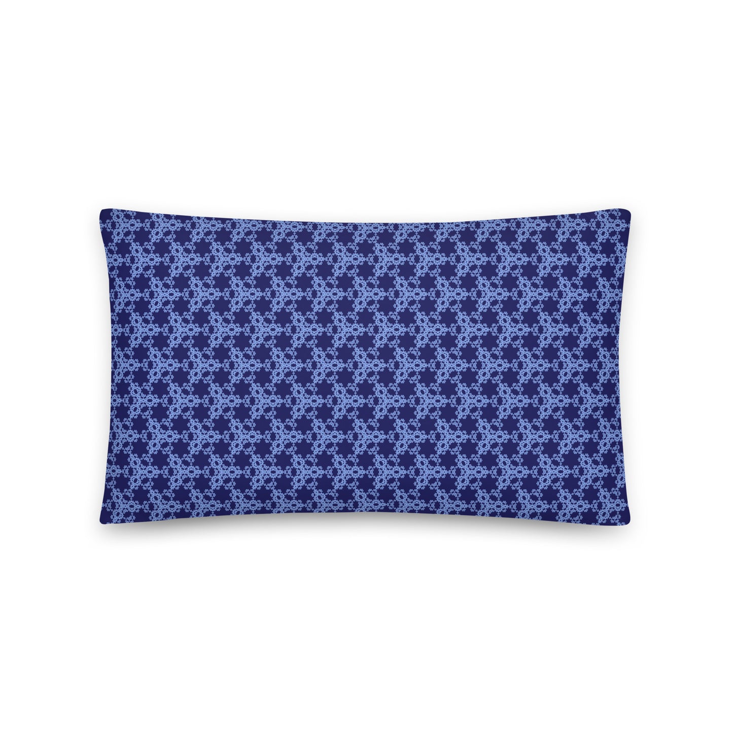 Front of the 20″×12″ throw pillow with the 'Trigon' navy and blue geometric pattern.