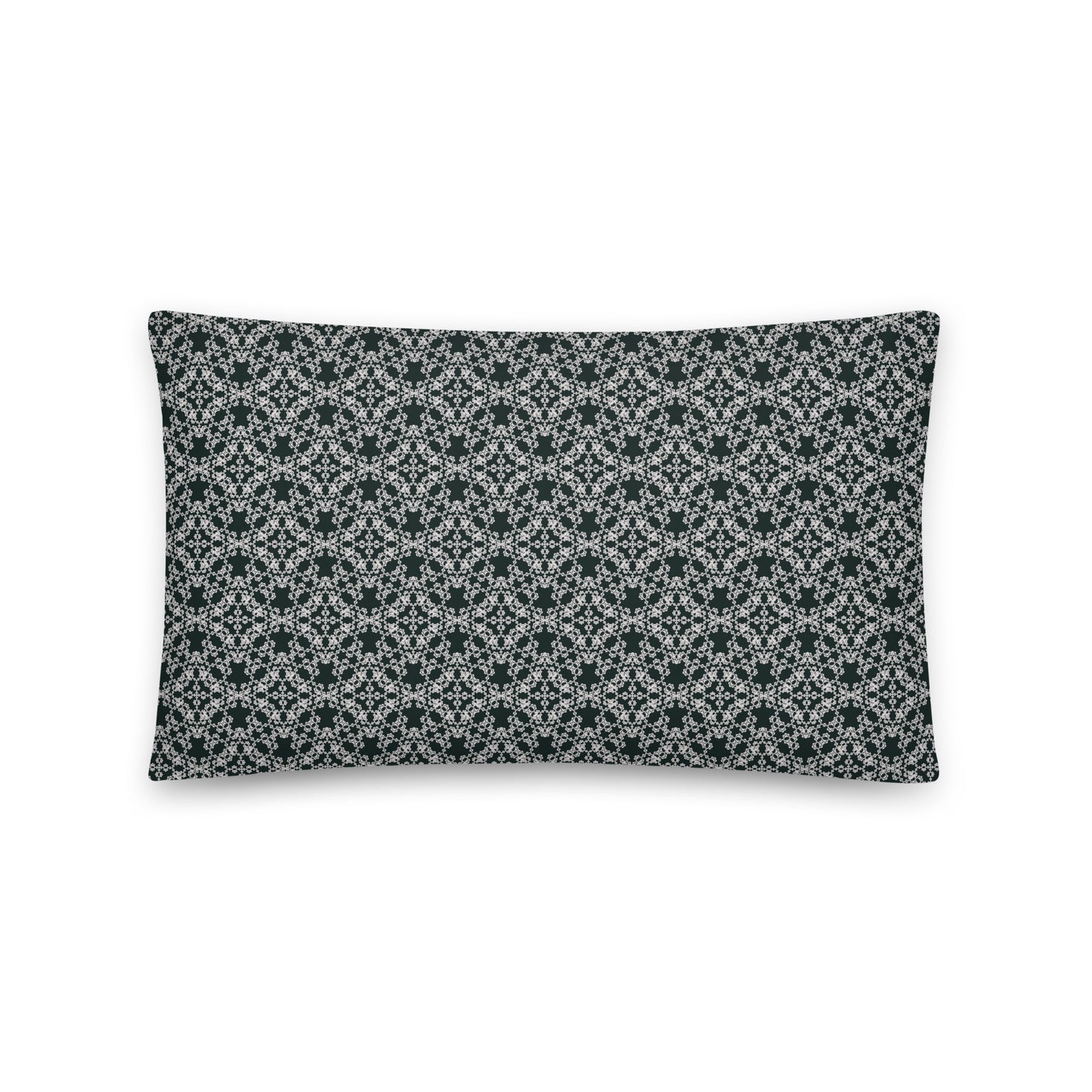 Front of the 18″×18″ throw pillow with the 'Tetragon' charcoal and white geometric pattern.