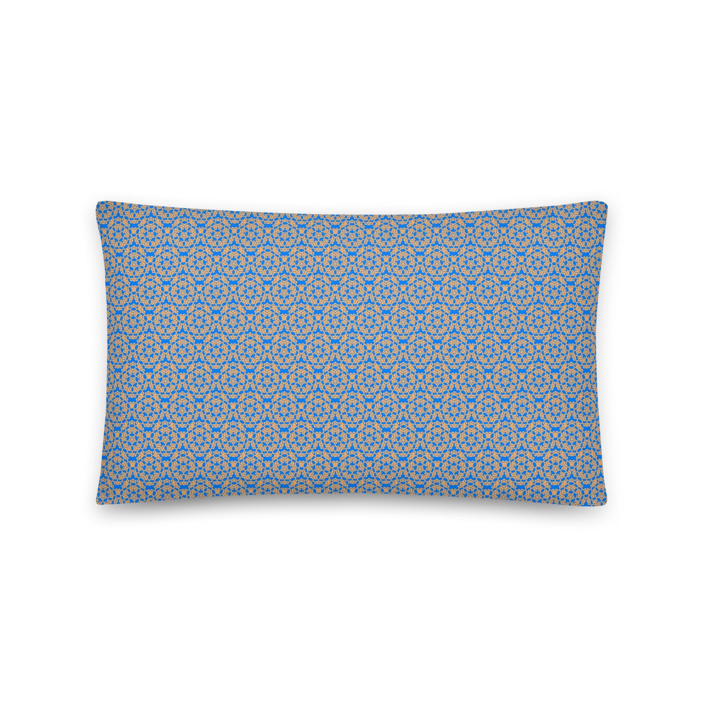 Front of the 20″×12″ throw pillow with the 'Pentagon' blue and yellow geometric pattern.