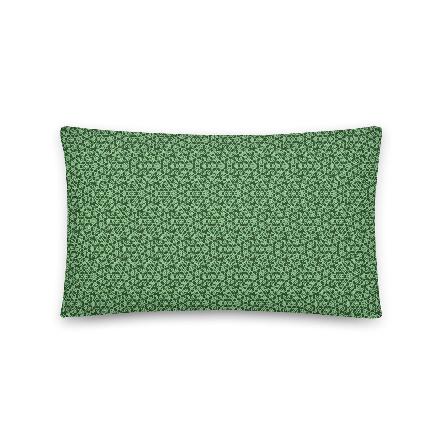 Front of the 20″×12″ throw pillow with the 'Heptagon' green geometric pattern.