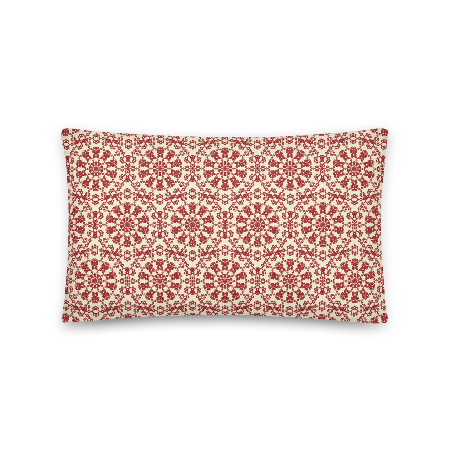 Front of the 20″×12″ throw pillow with the ‘Decagon’ terracotta and beige geometric pattern.