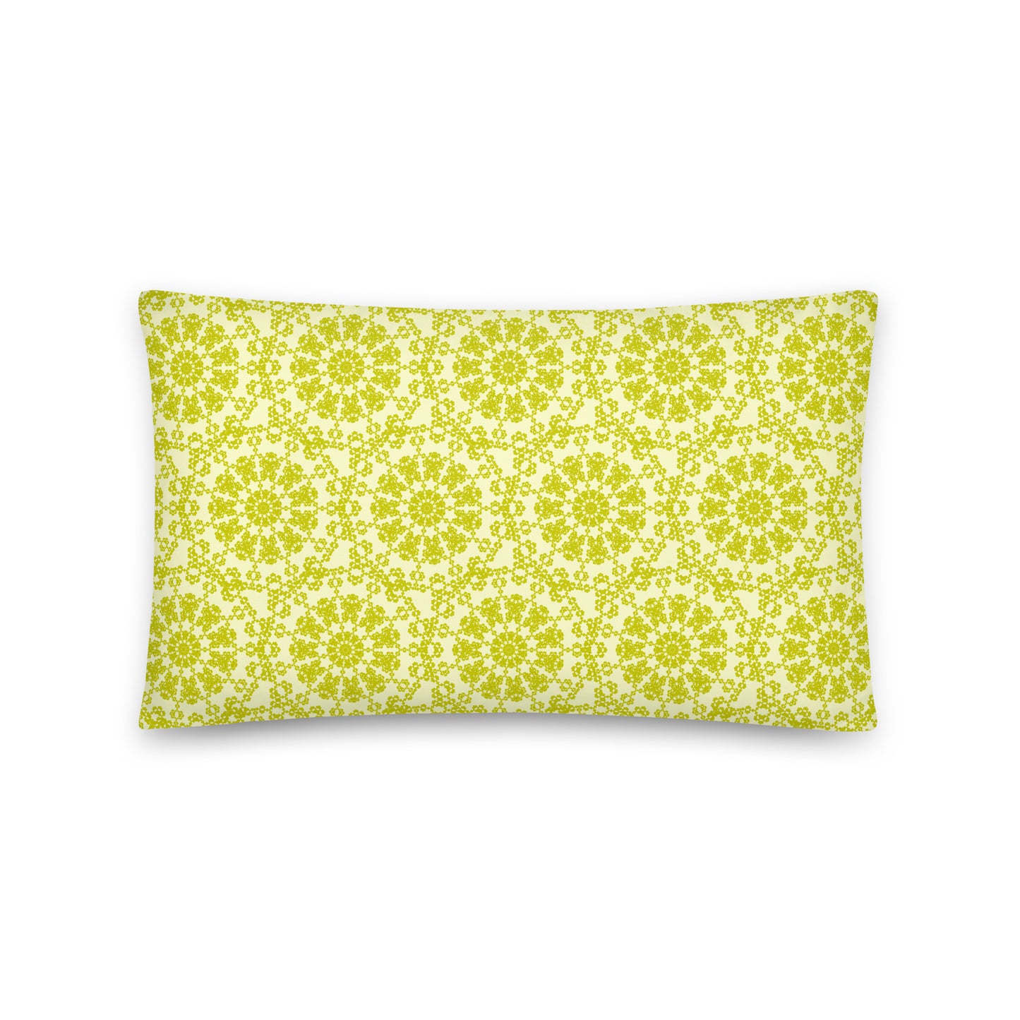 Front of the 20″×12″ throw pillow with the 'Hendecagon' yellow-green geometric pattern