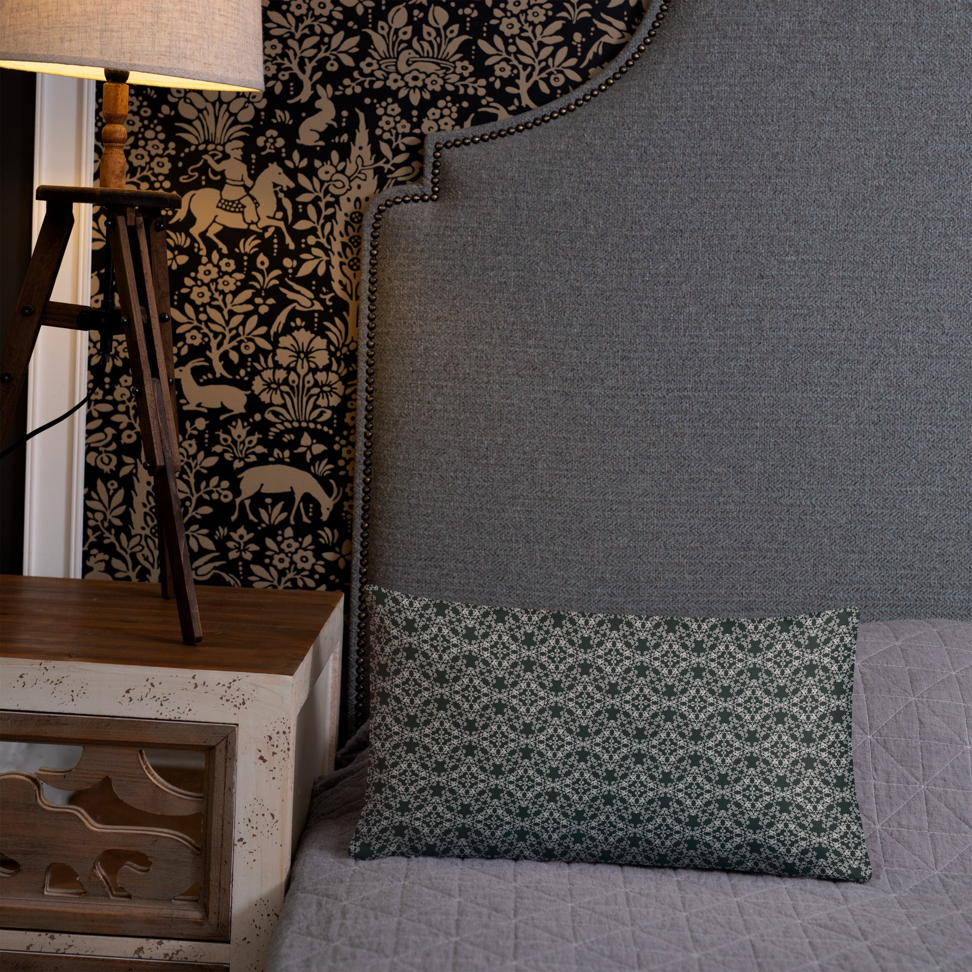 Front of the 20″×12″ basic pillow with the 'Quadragon' charcoal and white fractal geometric pattern on a bed.