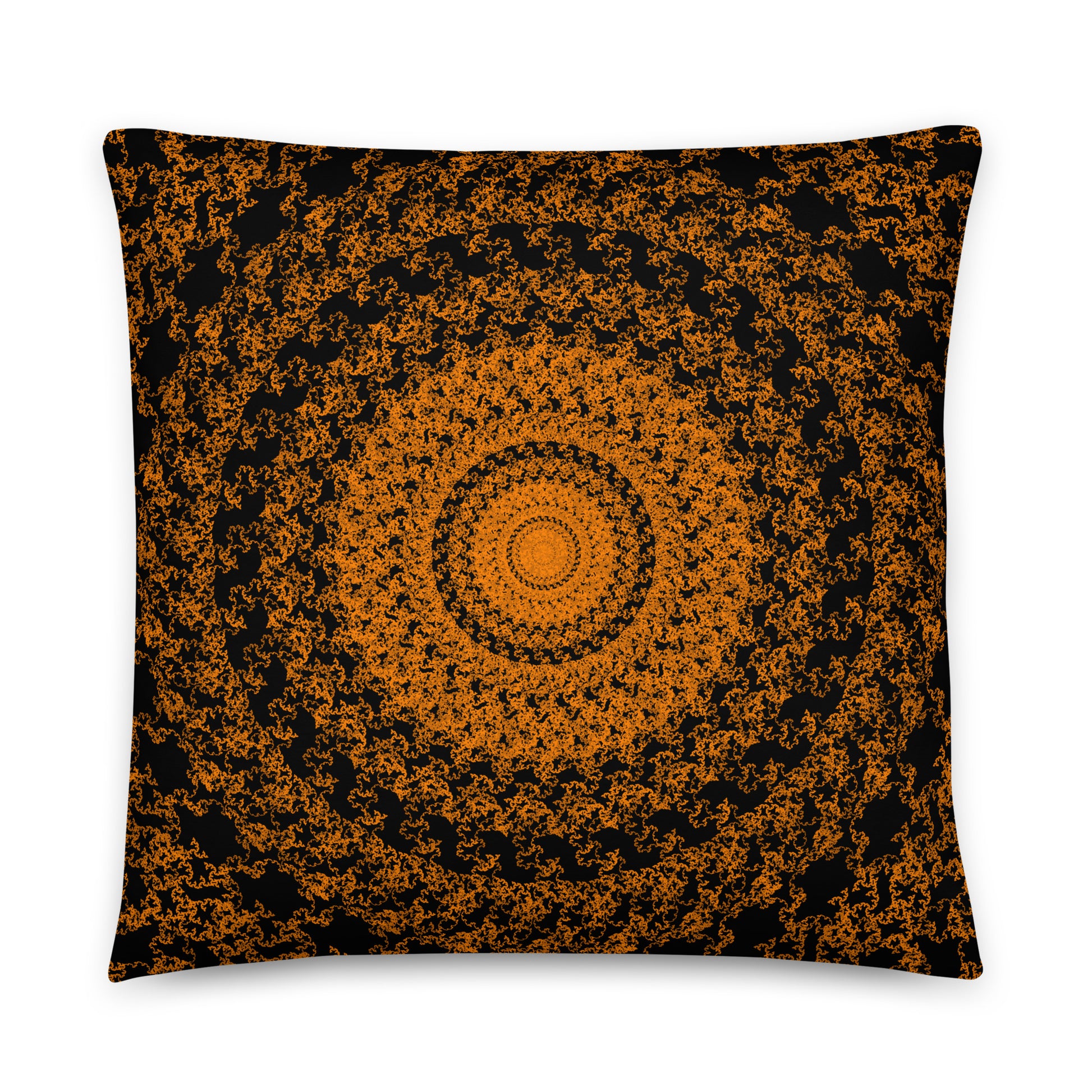 Back of the 22″×22″ throw pillow with the 'The Sun' orange and black geometric design.
