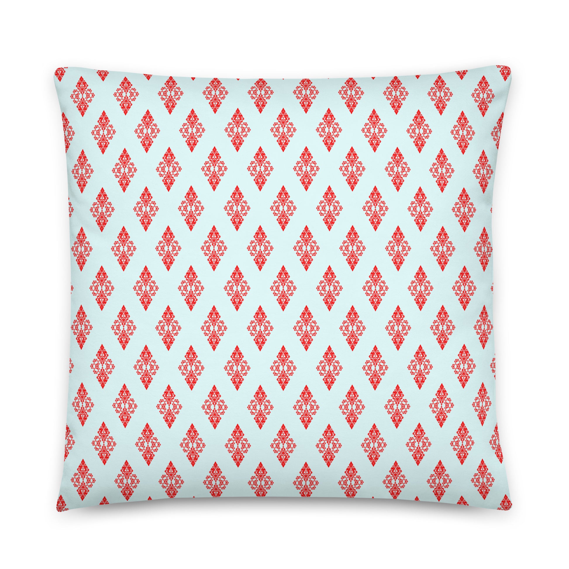 Back of the 22″×22″ throw pillow with the 'Digon' sky blue and red geometric pattern.
