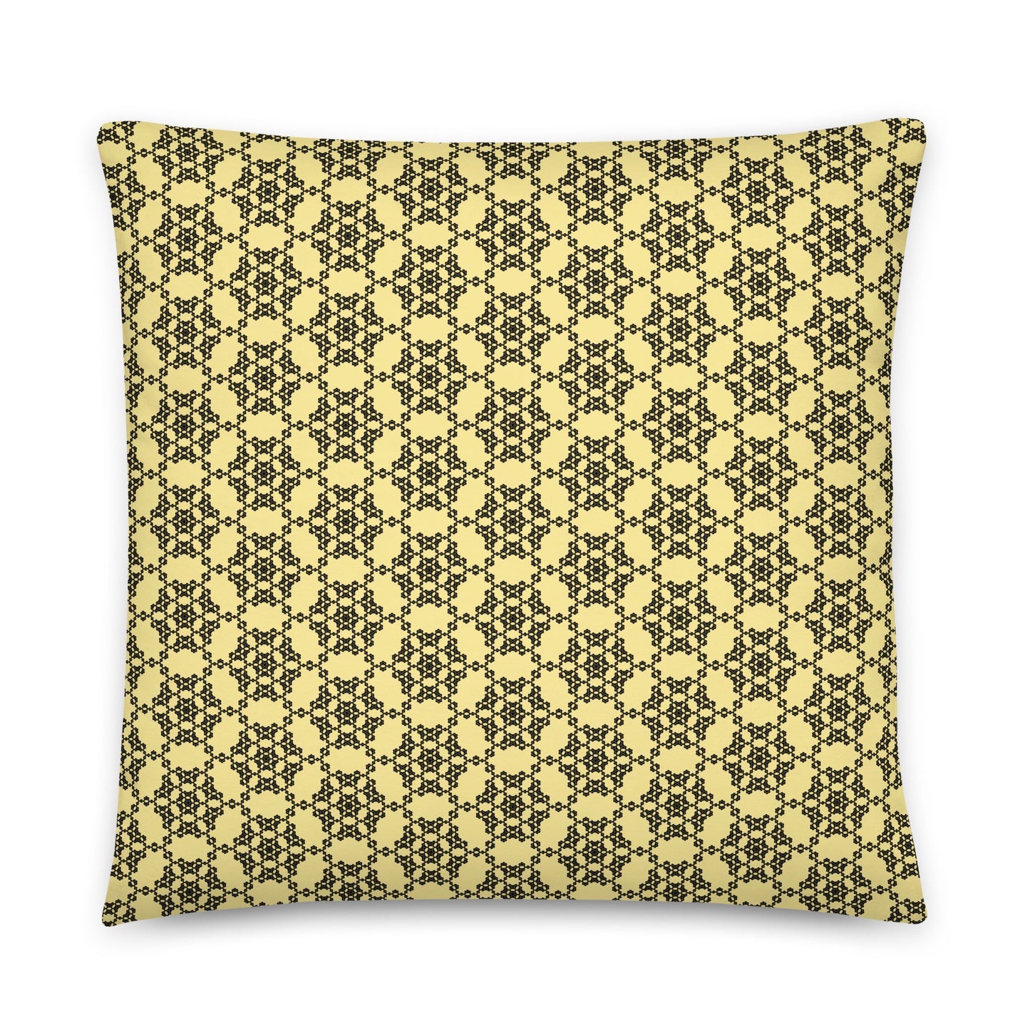 Back of the 22″×22″ throw pillow with the 'Hexagon' yellow and black geometric pattern.