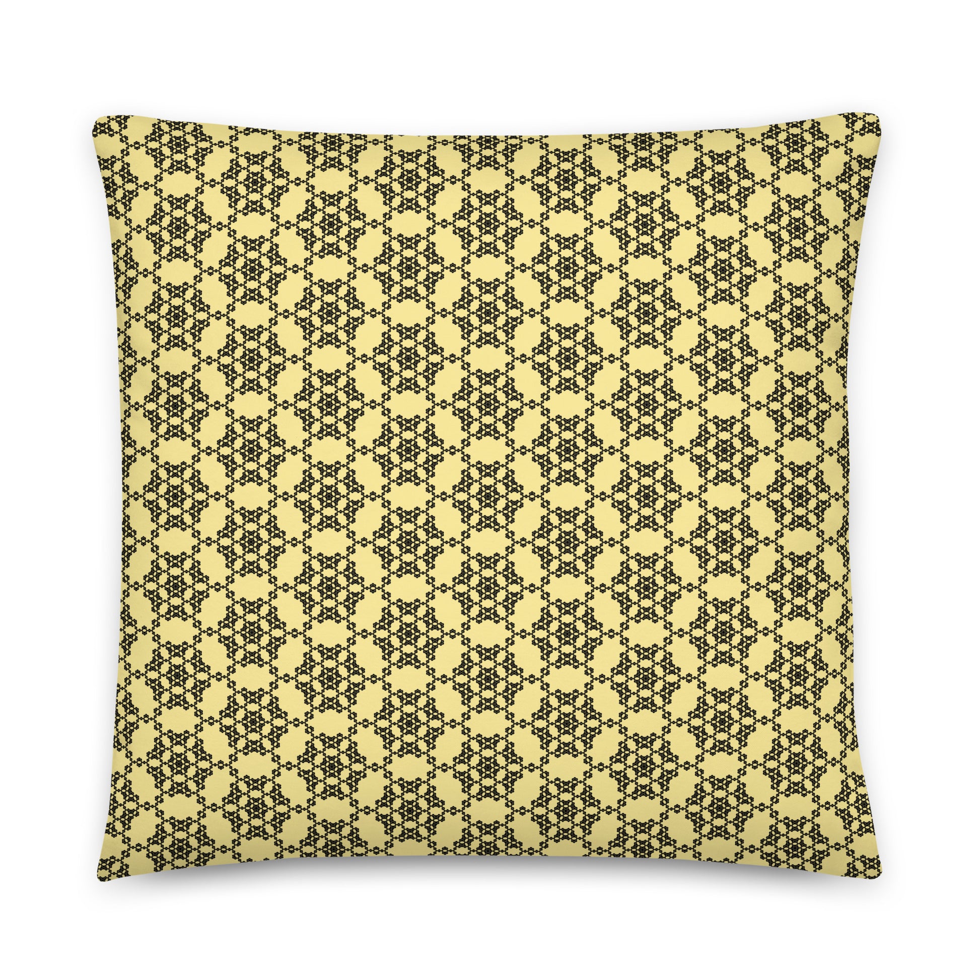 Back of the 22″×22″ throw pillow with the 'Hexagon' yellow and black geometric pattern.