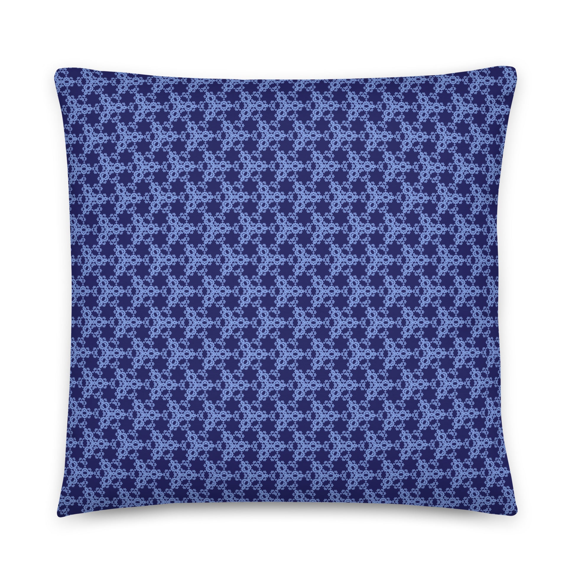 Back of the 22″×22″ throw pillow with the 'Trigon' navy and blue geometric pattern.