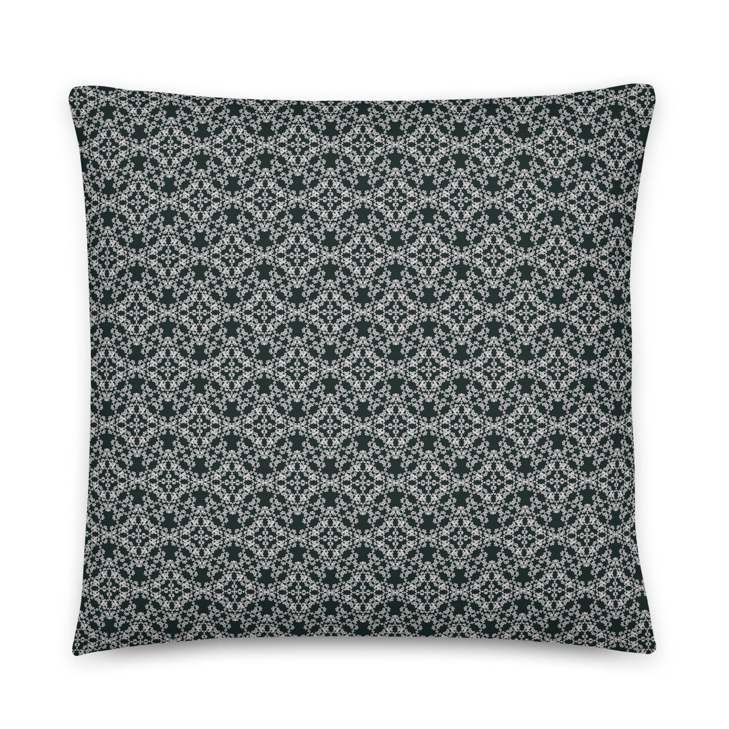 Back of the 18″×18″ throw pillow with the 'Tetragon' charcoal and white geometric pattern.