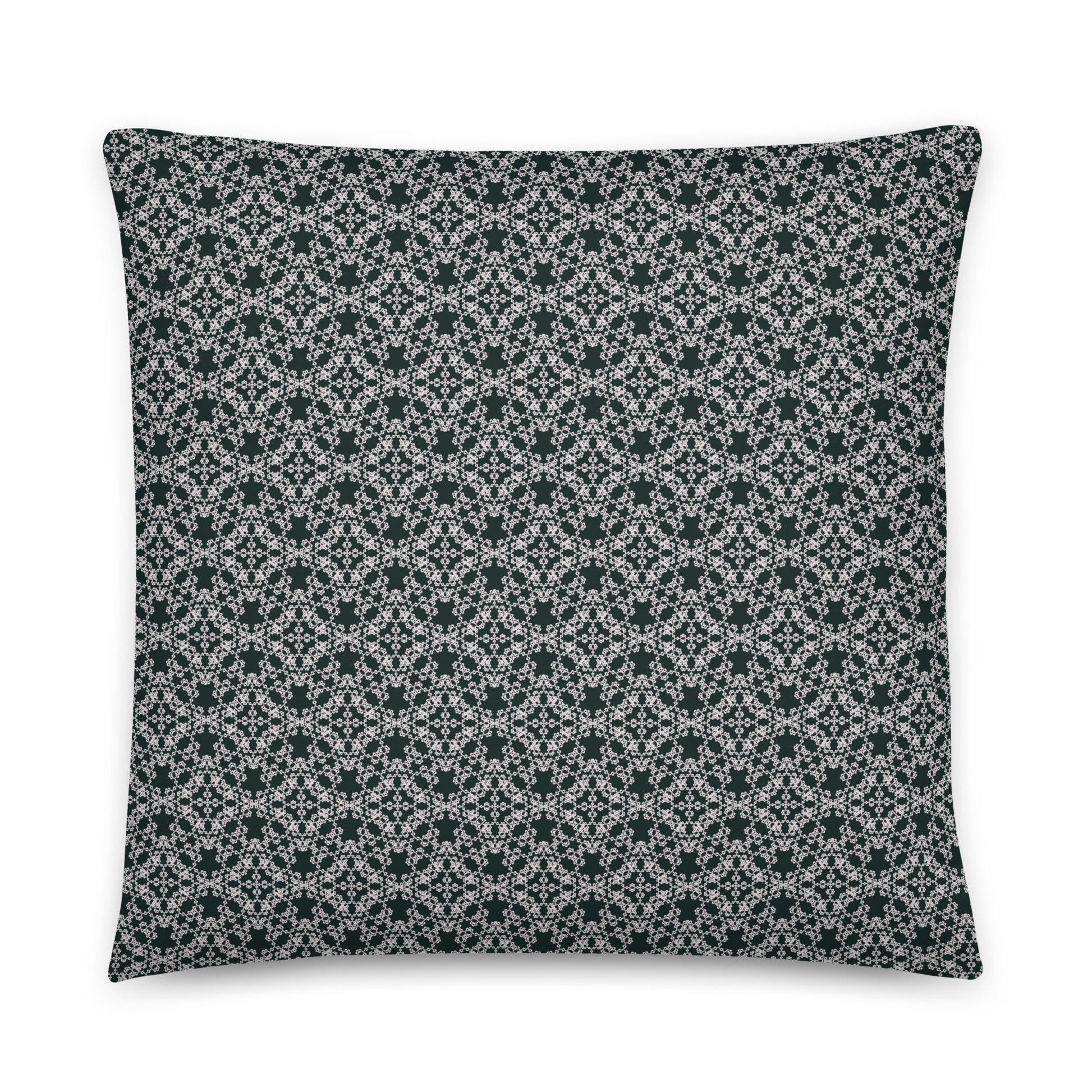 Back of the 18″×18″ throw pillow with the 'Tetragon' charcoal and white geometric pattern.