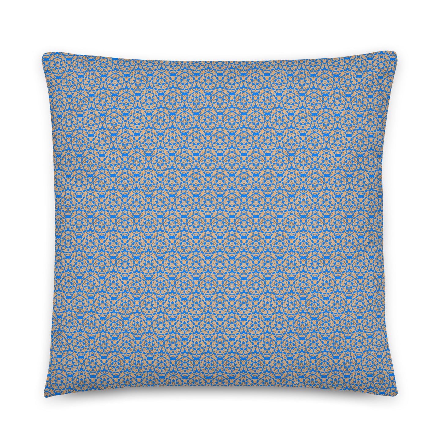 Back of the 22″×22″ throw pillow with the 'Pentagon' blue and yellow geometric pattern.