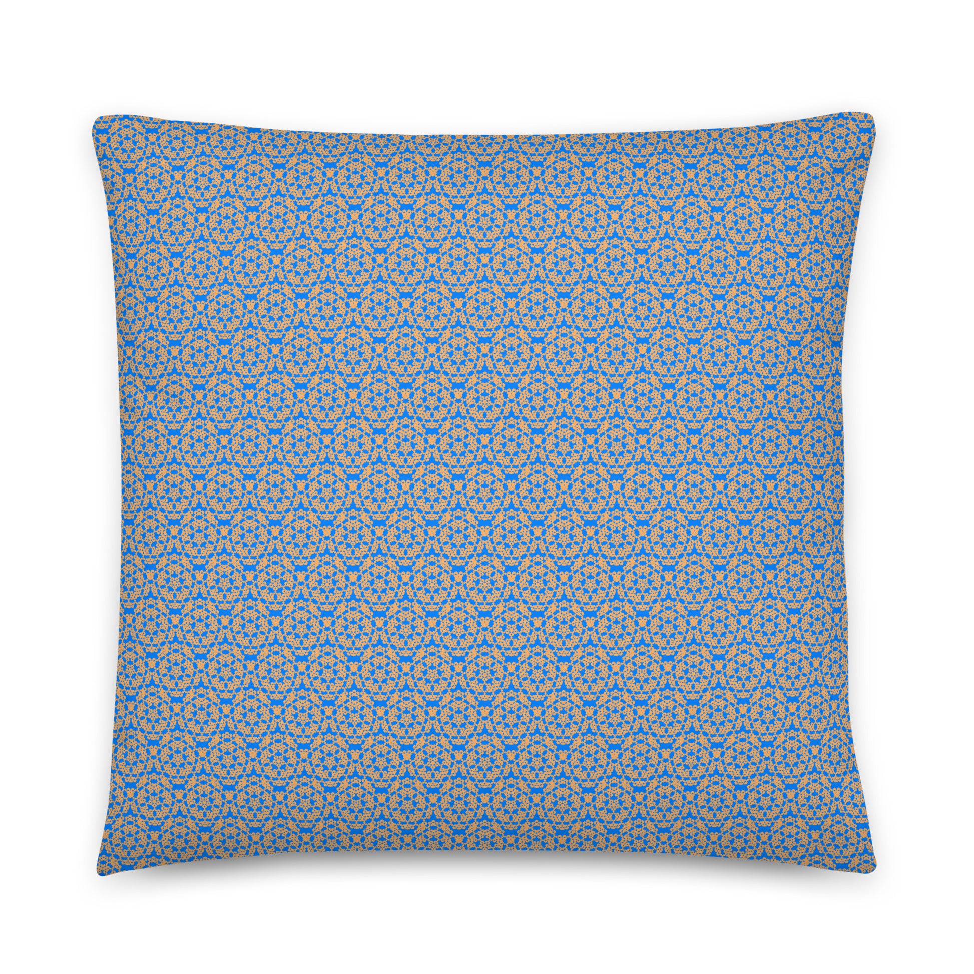 Back of the 22″×22″ throw pillow with the 'Pentagon' blue and yellow geometric pattern.