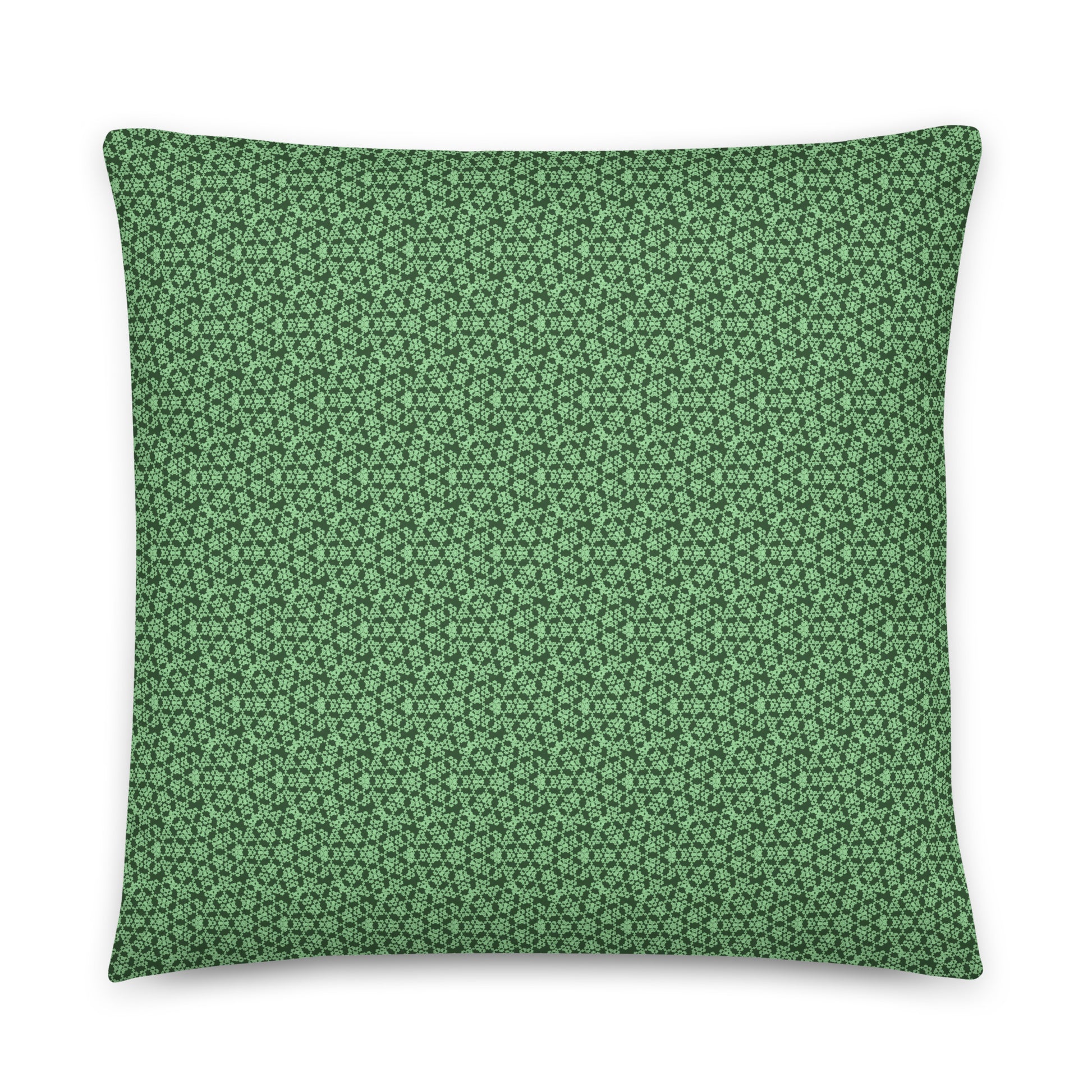 Back of the 22″×22″ throw pillow with the 'Heptagon' green geometric pattern.