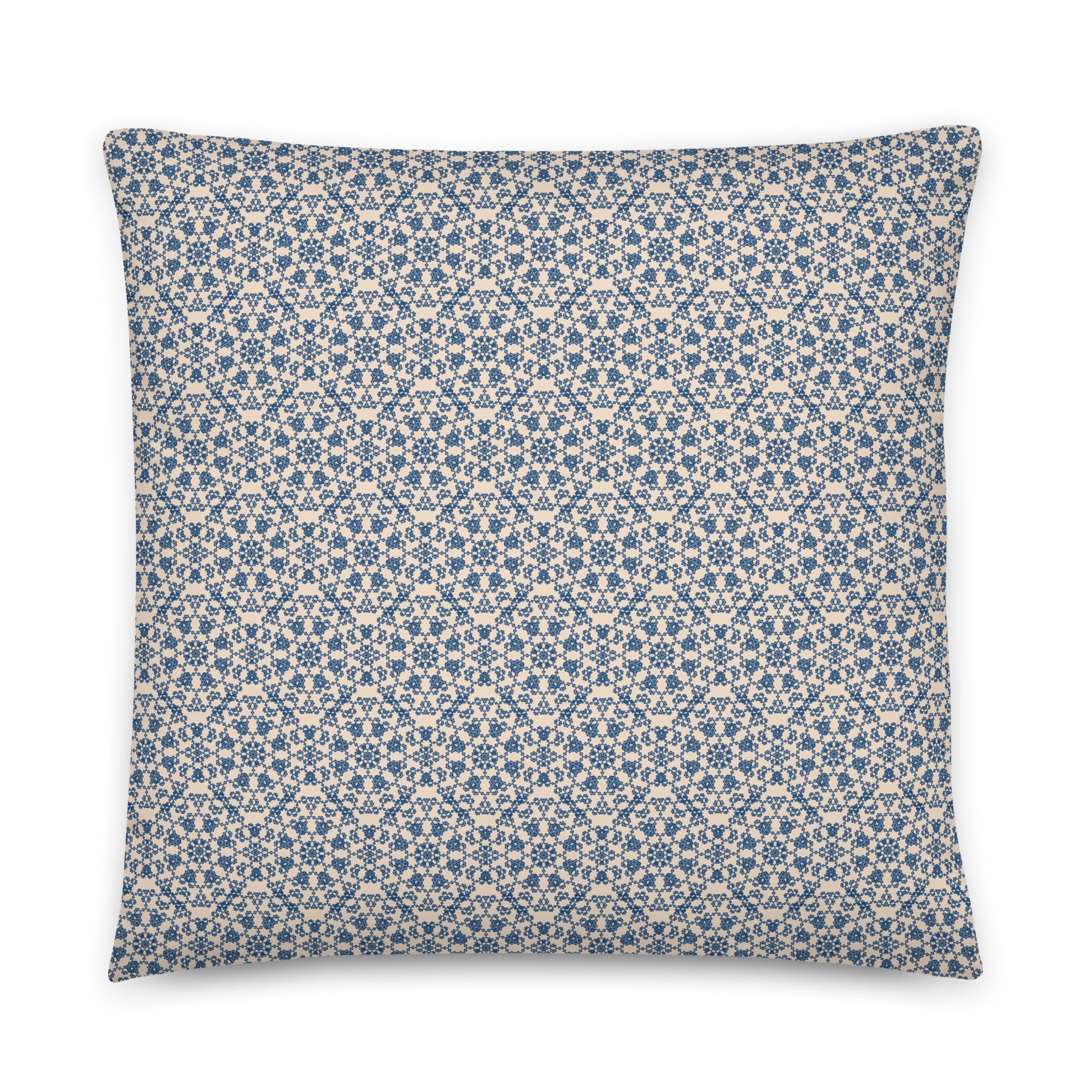 Back of the 22″×22″ throw pillow with the 'Octagon' navy and beige geometric pattern.