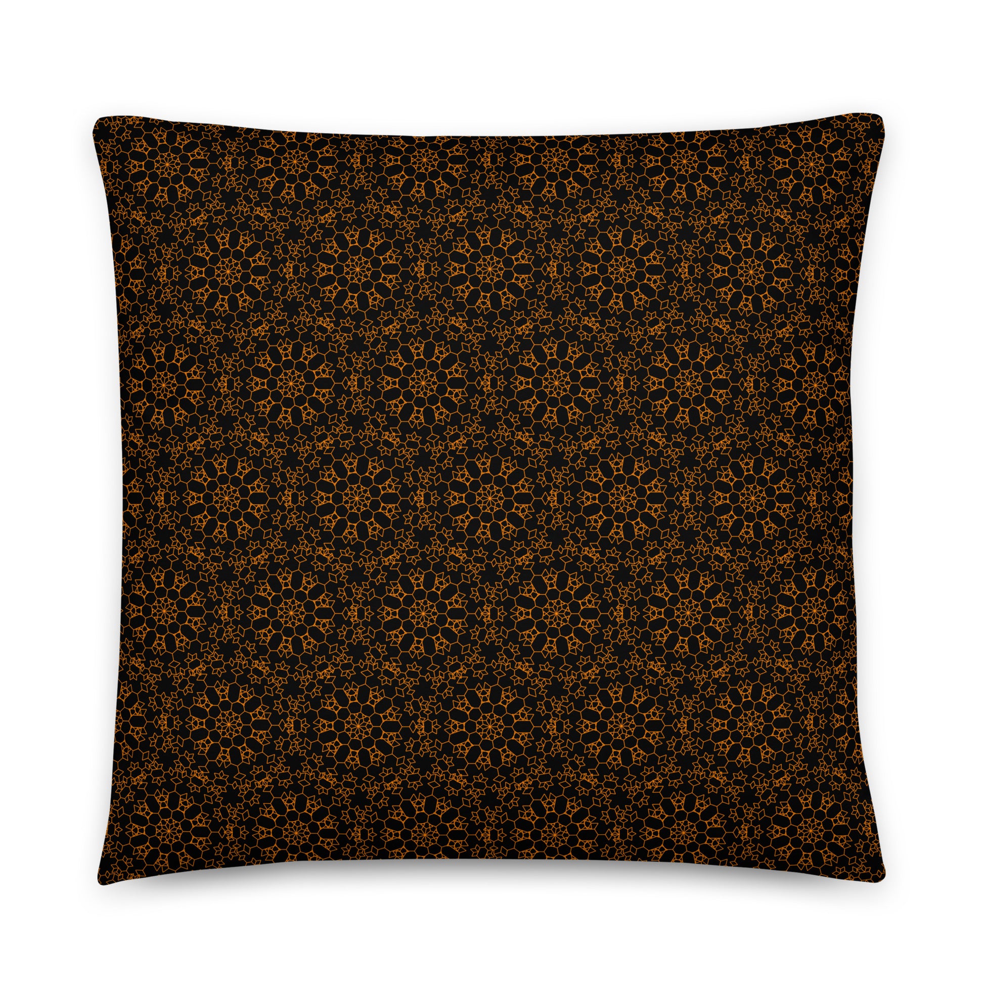 Back of the 22″×22″ throw pillow with the 'Enneagon' black & gold geometric pattern.