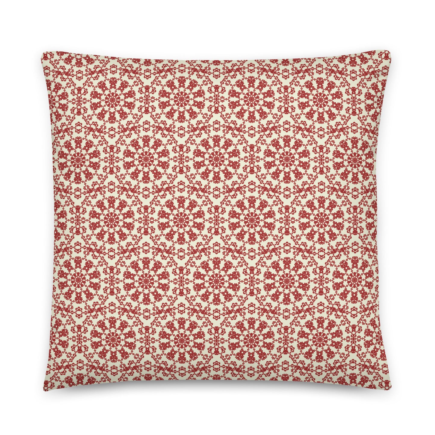 Back of the 22″×22″ throw pillow with the ‘Decagon’ terracotta and beige geometric pattern.