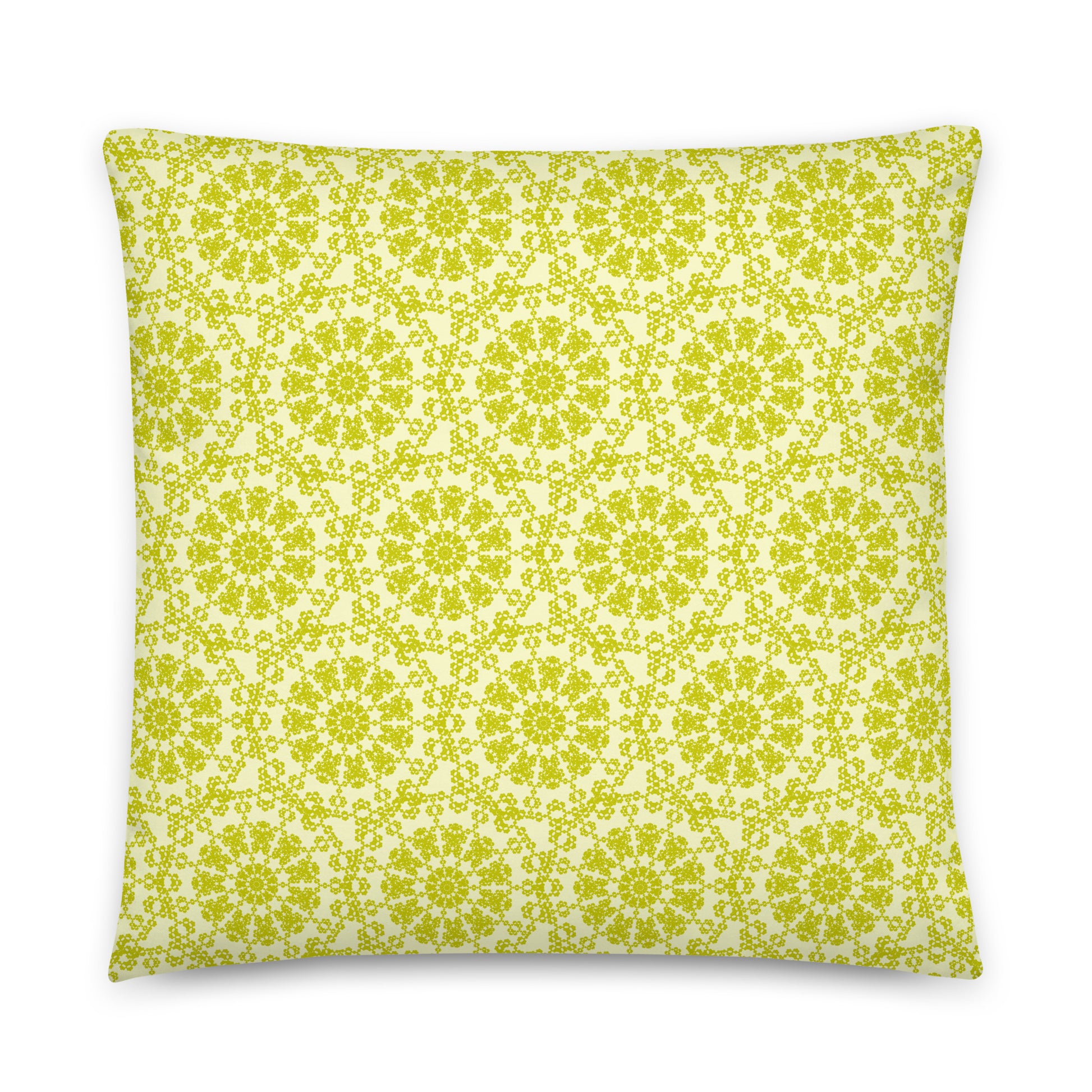 Back of the 22″×22″ throw pillow with the 'Hendecagon' yellow-green geometric pattern