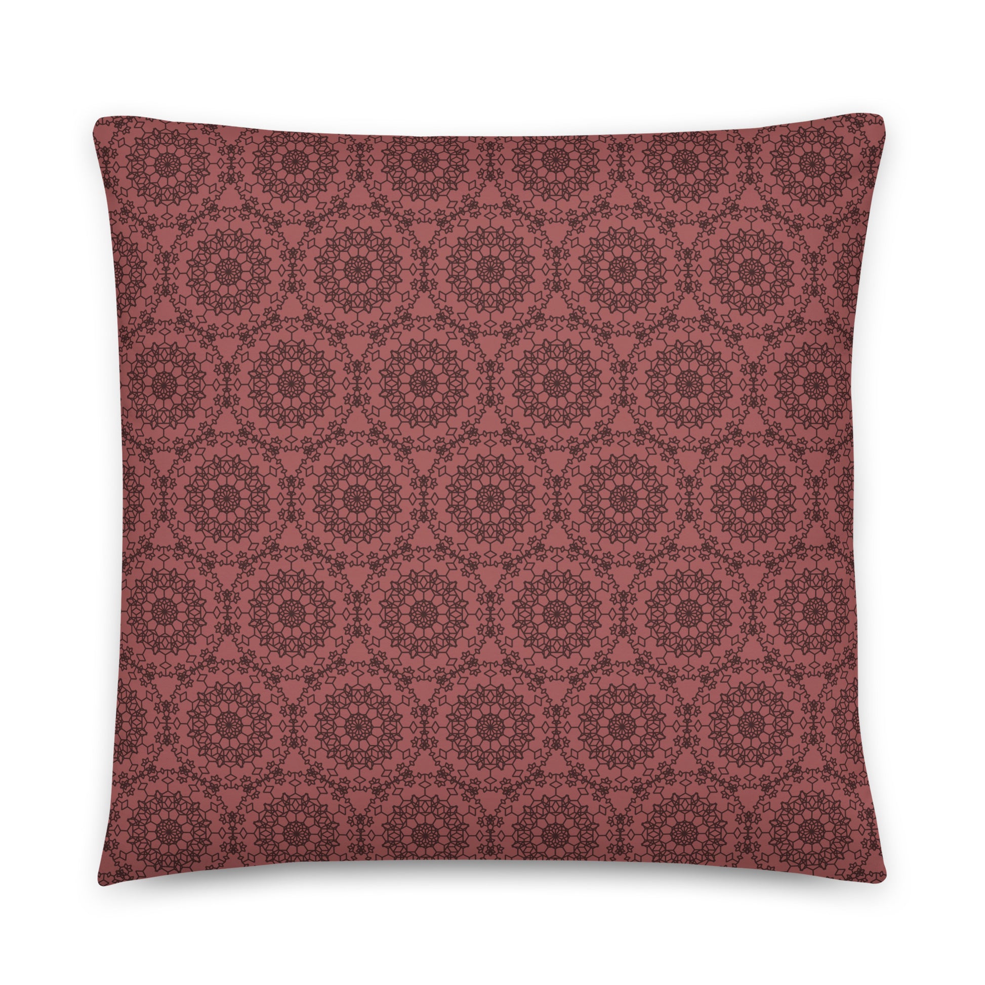 Back of the 22″×22″ throw pillow with the 'Dodecagon' rose geometric pattern.
