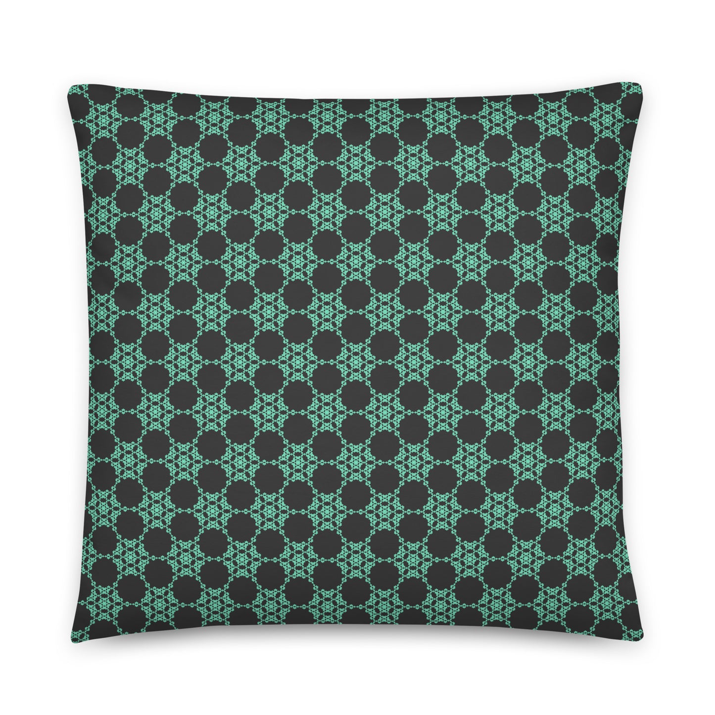 Front of the 22″×22″ throw pillow with the 'Flowers Victory' charcoal and mint geometric pattern.