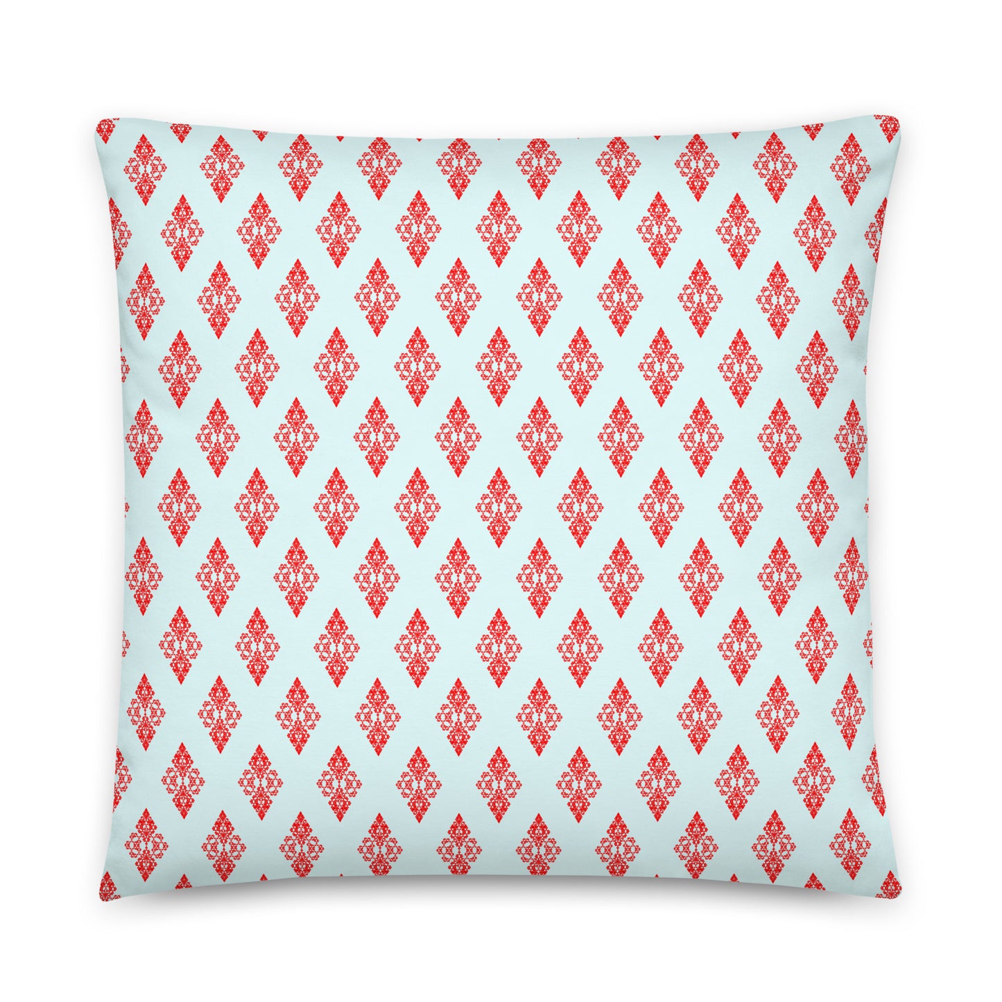 Front of the 22″×22″ throw pillow with the 'Digon' sky blue and red geometric pattern.