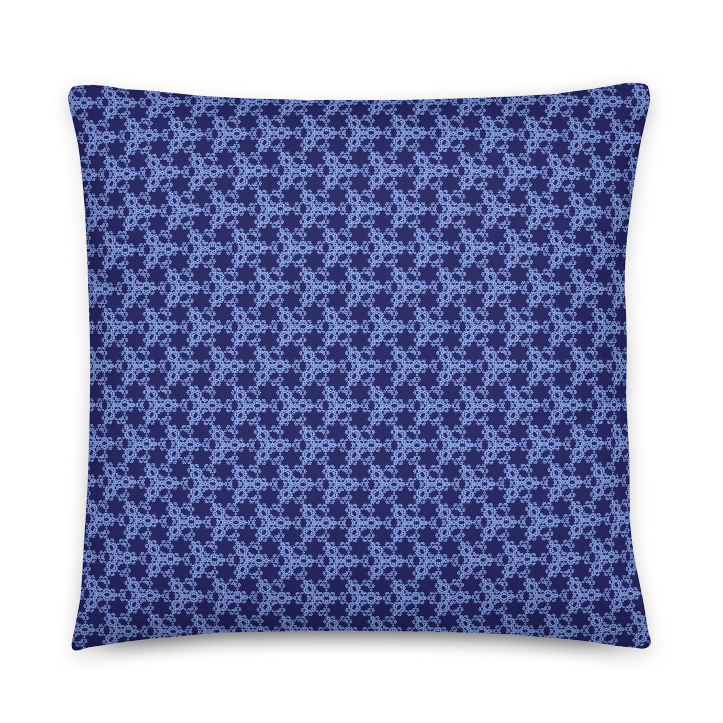 Front of the 22″×22″ throw pillow with the 'Trigon' navy and blue geometric pattern.