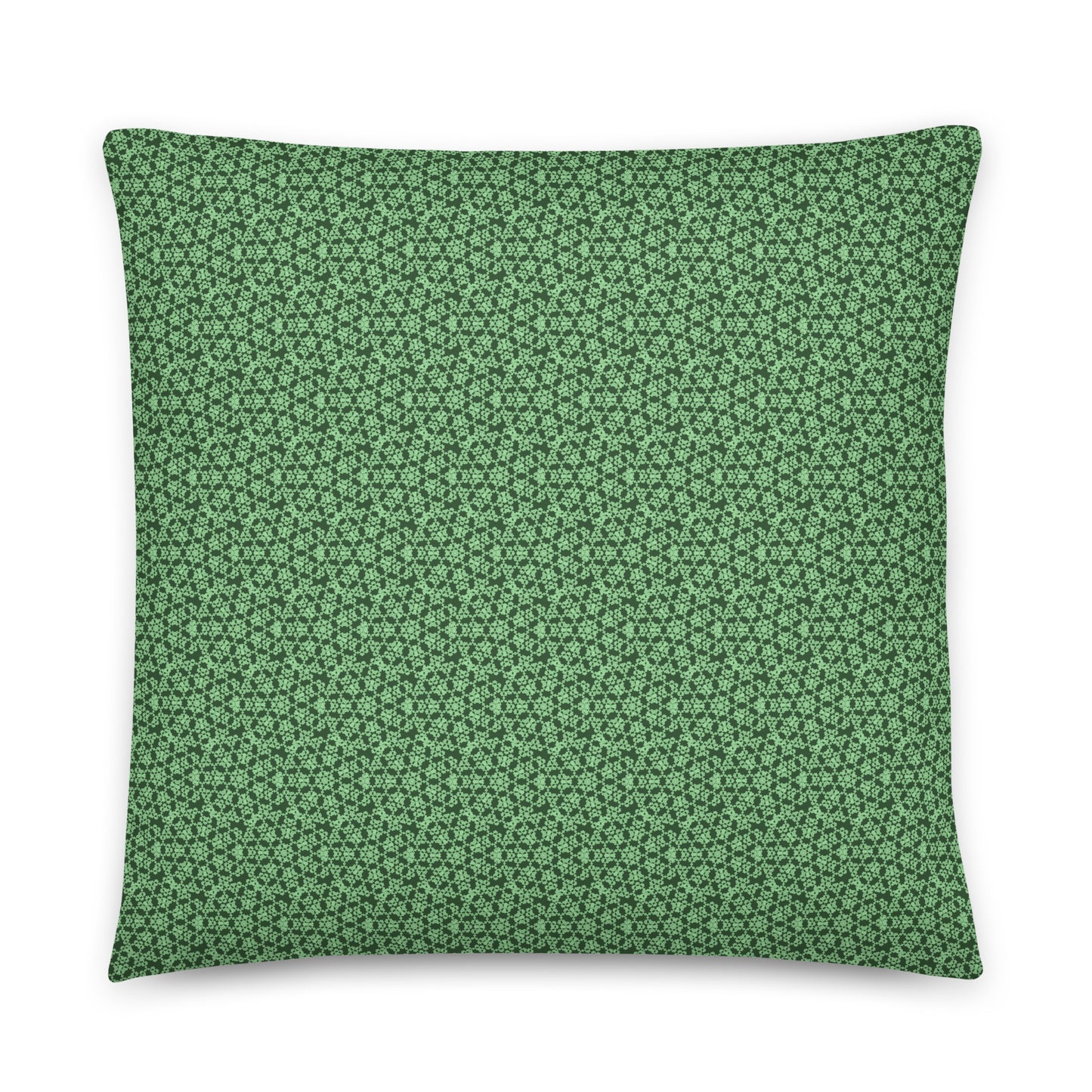 Front of the 22″×22″ throw pillow with the 'Heptagon' green geometric pattern.