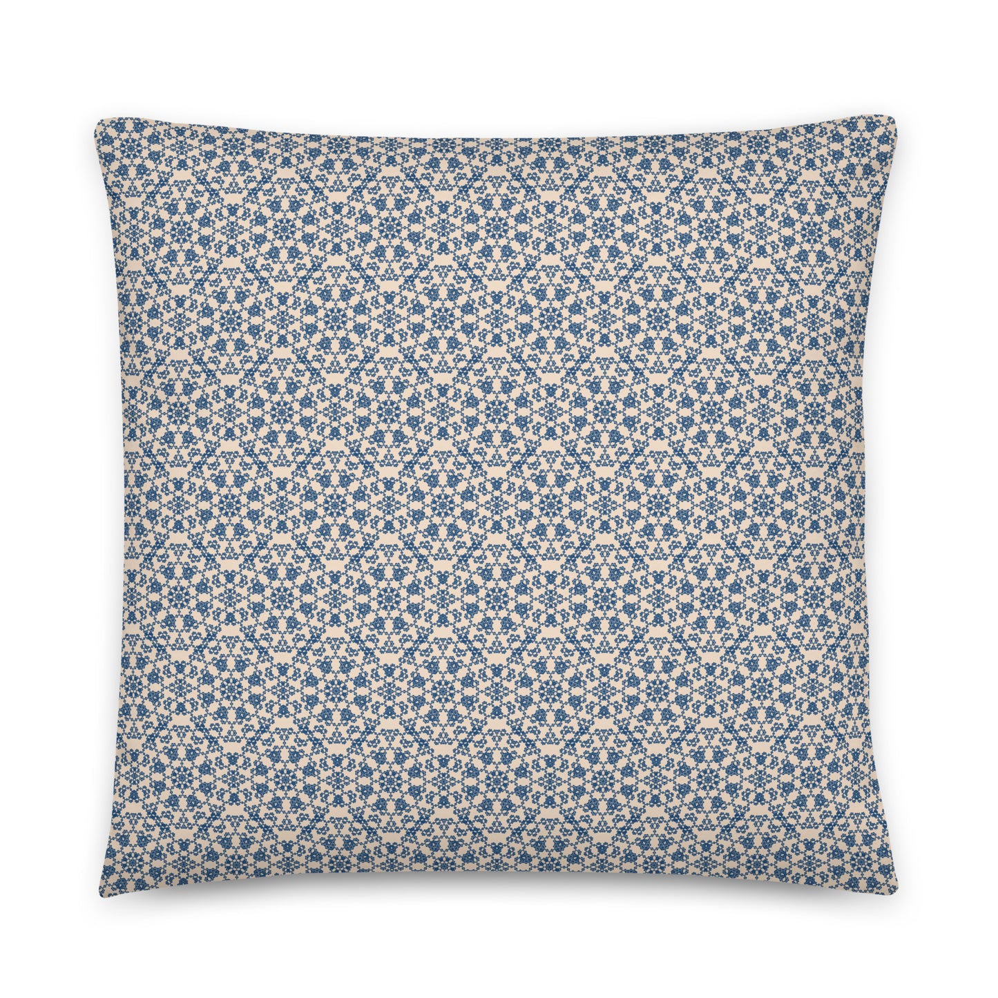 Front of the 22″×22″ throw pillow with the 'Octagon' navy and beige geometric pattern.