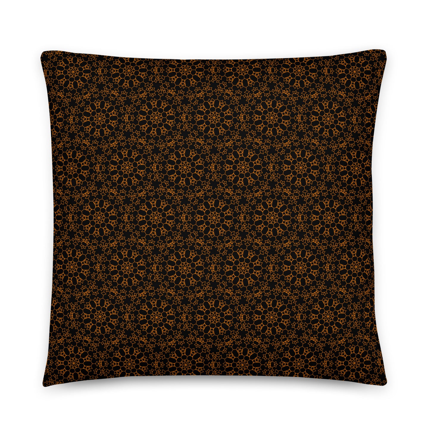 Front of the 22″×22″ throw pillow with the 'Enneagon' black & gold geometric pattern.