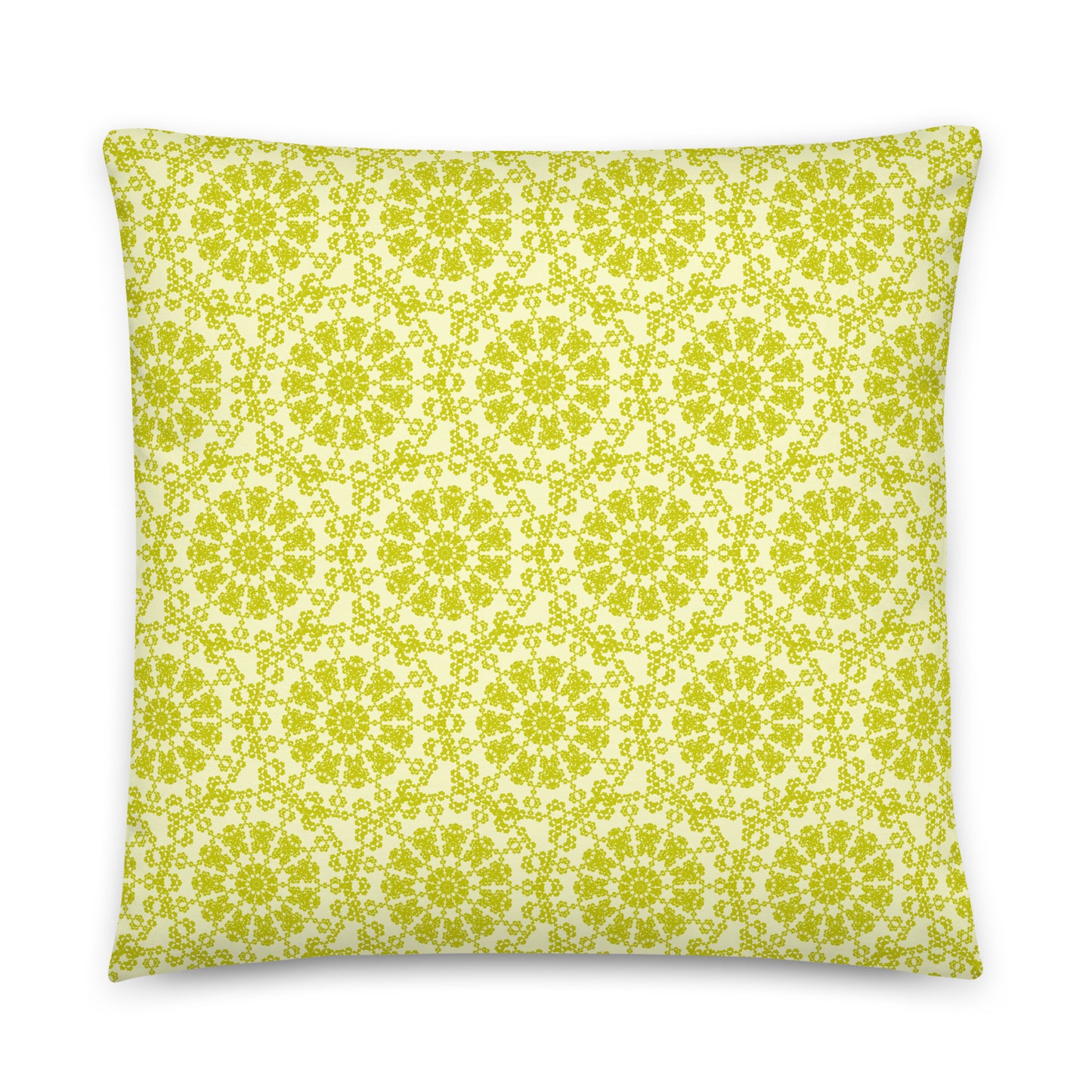 Front of the 22″×22″ throw pillow with the 'Hendecagon' yellow-green geometric pattern