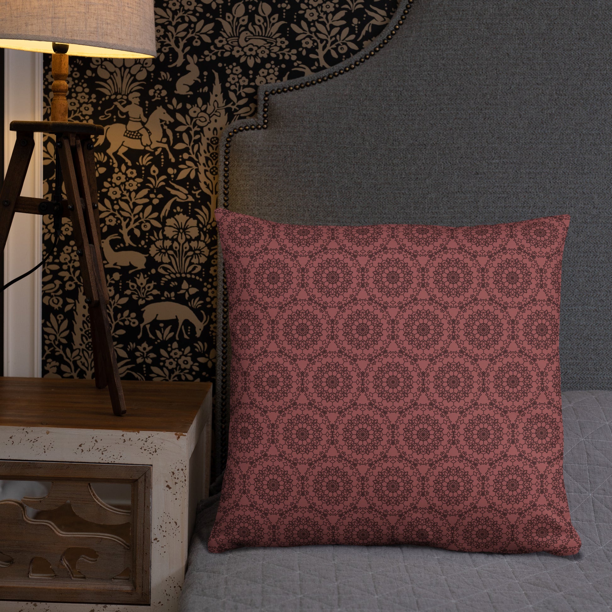 22″×22″ throw pillow with the 'Dodecagon' rose geometric pattern in a styled room setting.