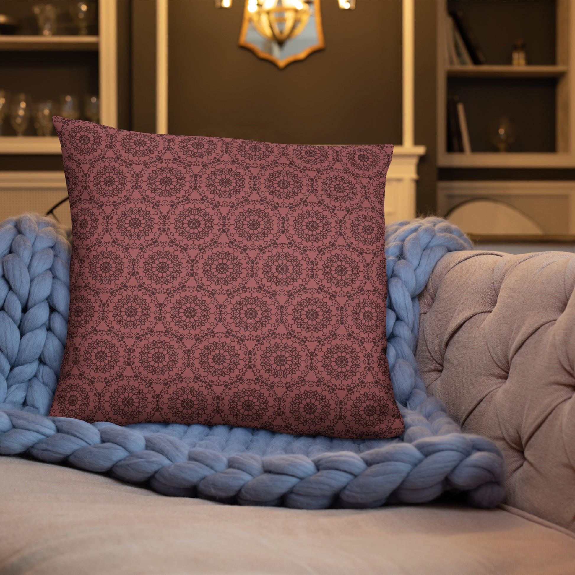 22″×22″ throw pillow with the 'Dodecagon' rose geometric pattern in a styled room setting.