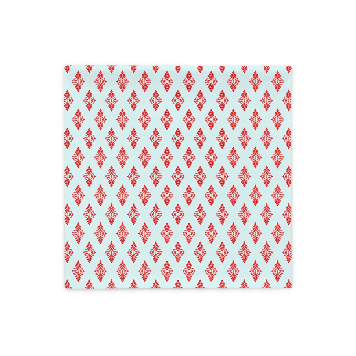 Back of the 18″×18″ throw pillow cover with the 'Digon' sky blue and red geometric pattern.