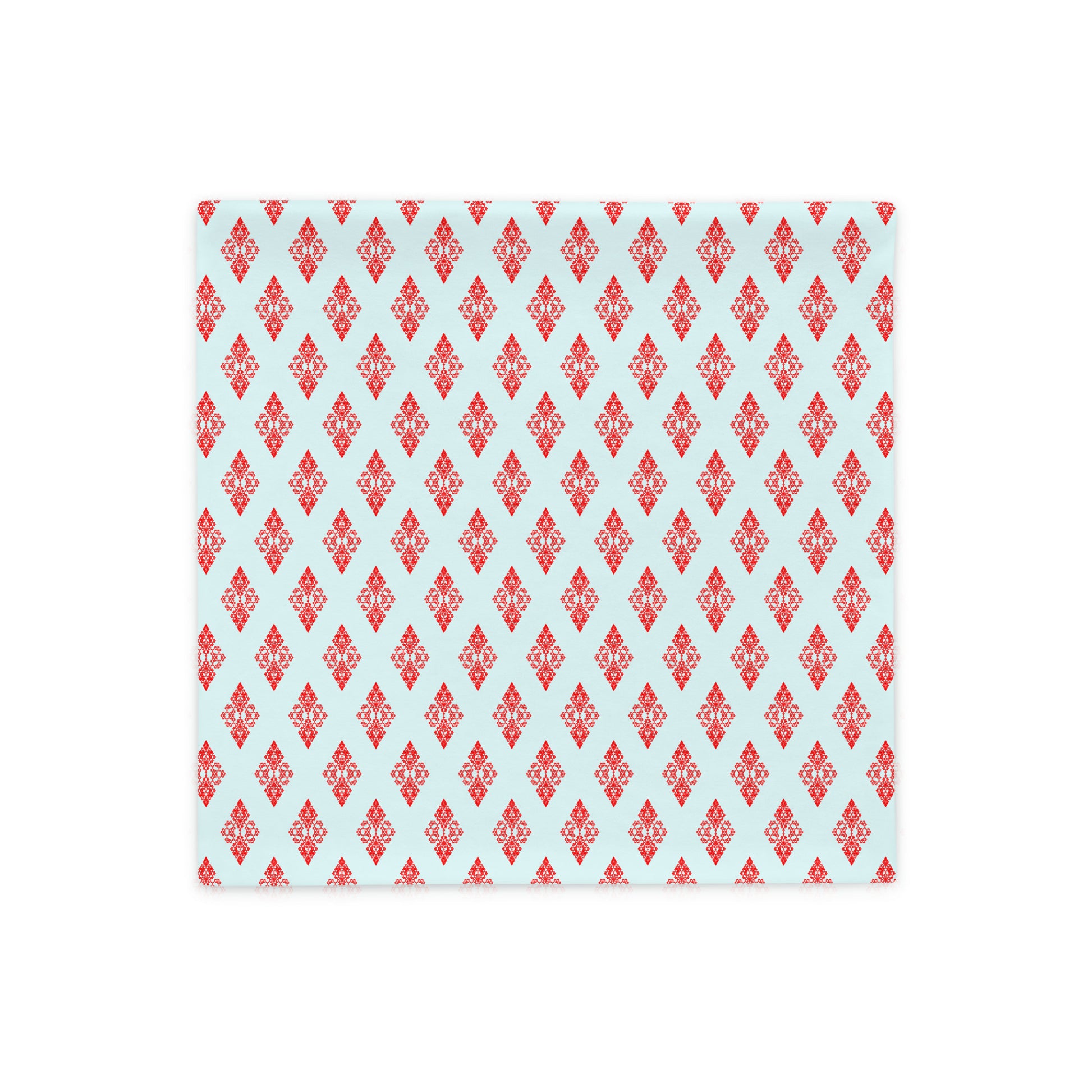 Back of the 18″×18″ throw pillow cover with the 'Digon' sky blue and red geometric pattern.