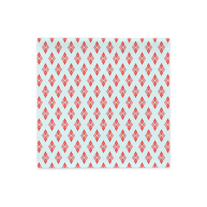 Back of the 18″×18″ throw pillow cover with the 'Digon' sky blue and red geometric pattern.