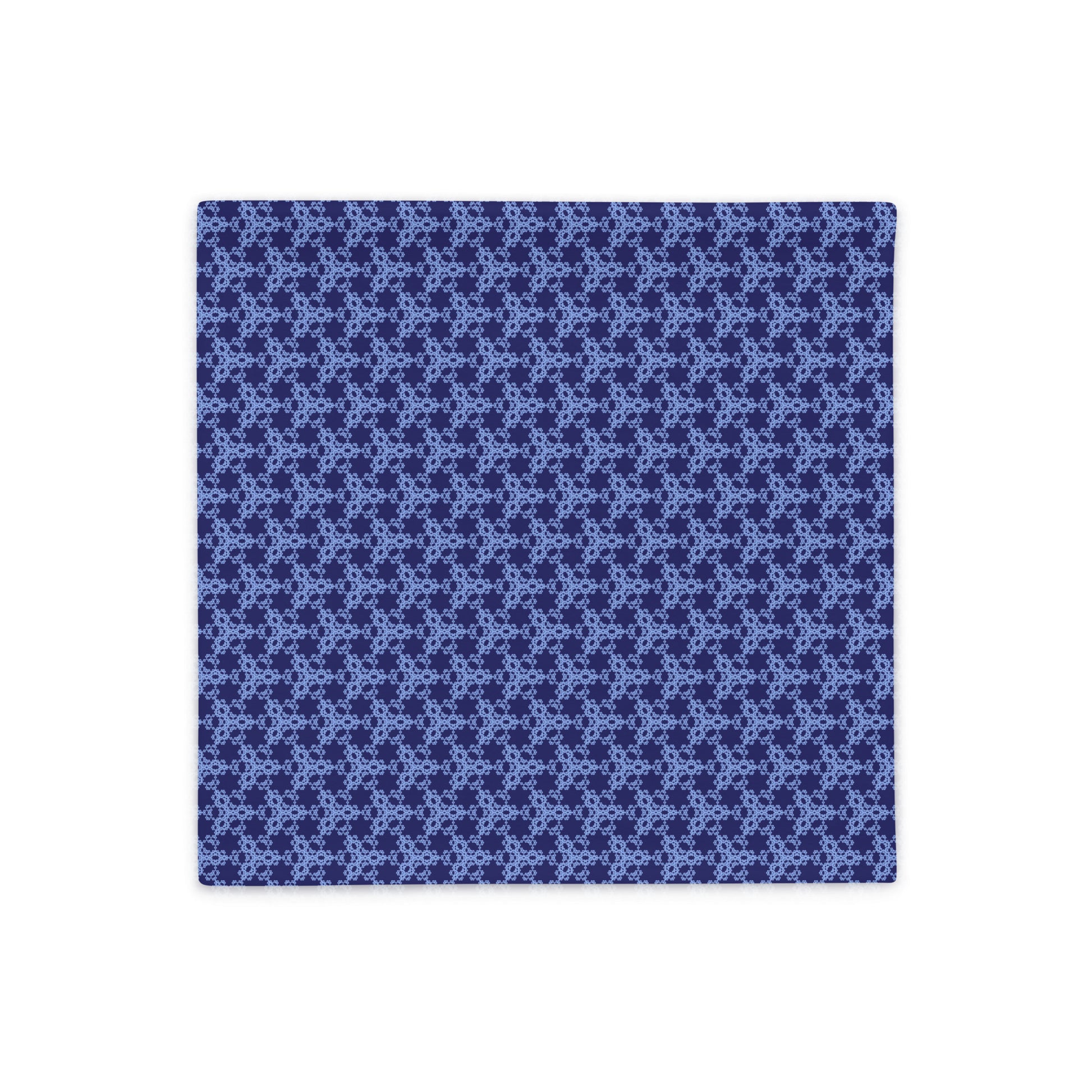 Back of the 18″×18″ throw pillow cover with the 'Trigon' navy and blue geometric pattern.