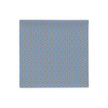 Back of the 18″×18″ throw pillow cover with the 'Pentagon' blue and yellow geometric pattern.