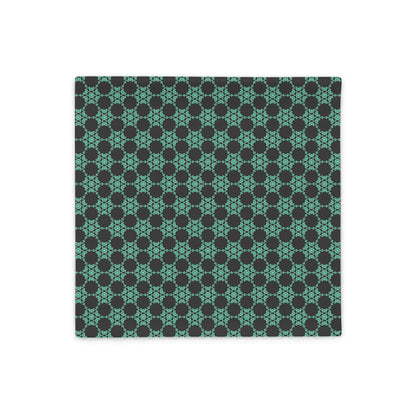 Front of the 18″×18″ throw pillow cover with the 'Flowers Victory' dark grey and green geometric pattern.